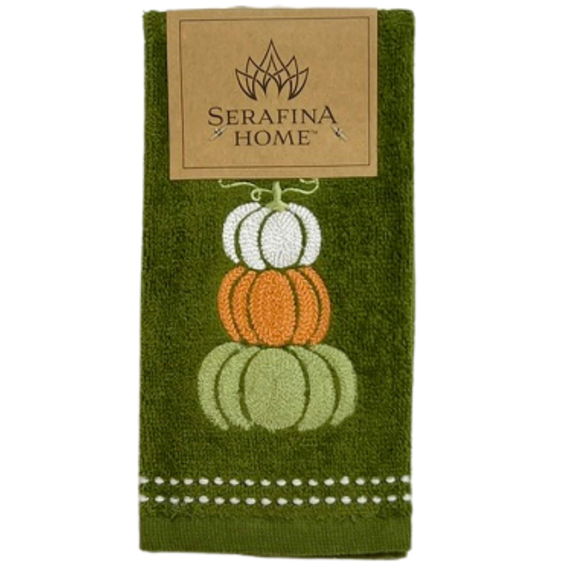 Serafina Home Autumn Fall Bath Fingertip Towels, Forest Olive Dark Green, 100% Cotton, Embroidered Stacked Pumpkin Design, 2 Pie