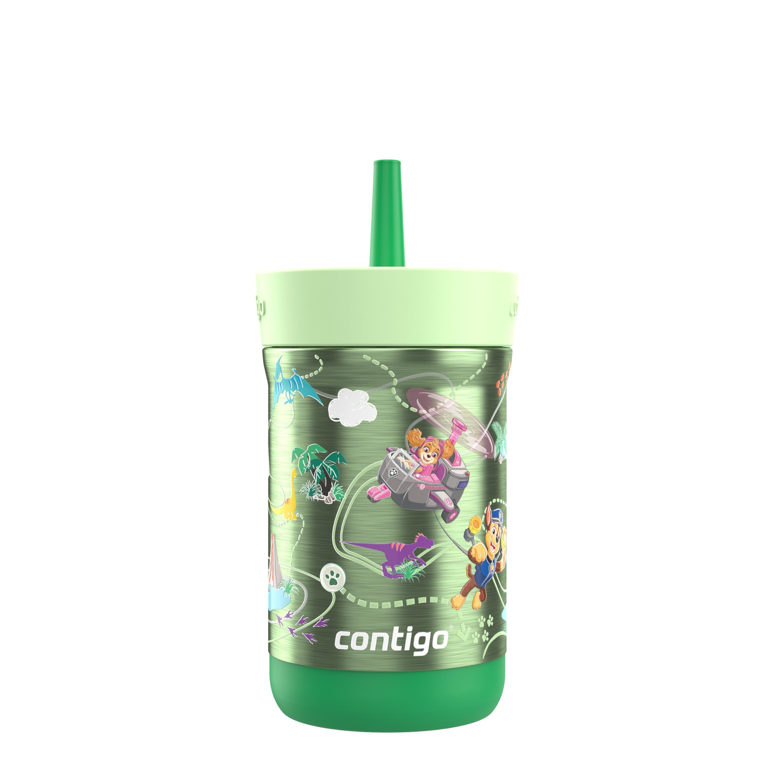 Contigo Kids Leighton Spill-Proof Stainless Steel Paw Patrol Tumbler with Straw, 12oz, Dino Treks, Green