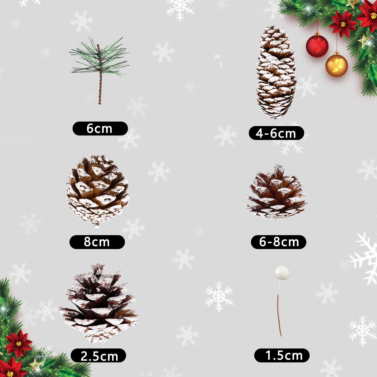 Whaline 170Pcs Christmas Pine Cones Berry Pine Branch Set Snow Pinecones Pendant White Winter Holiday Ornament for DIY Crafts Ho