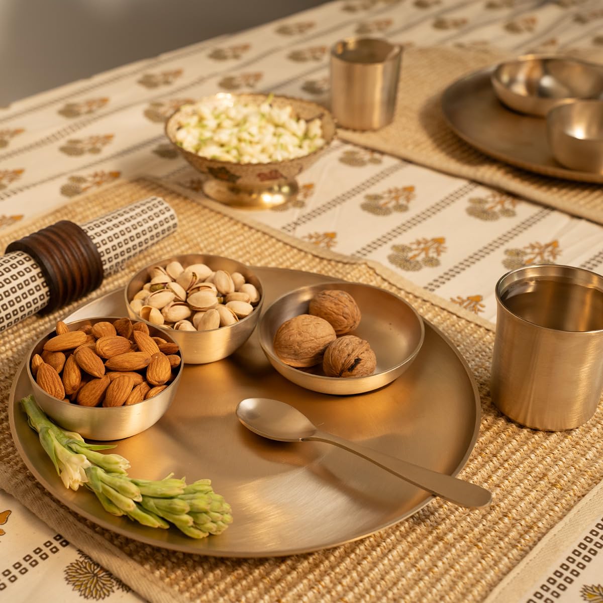 Kansa Thali Traditional Set| 6 Piece Dinner Set (Thali, 2 Bowls, Dessert Bowl, Spoon,Tumbler)