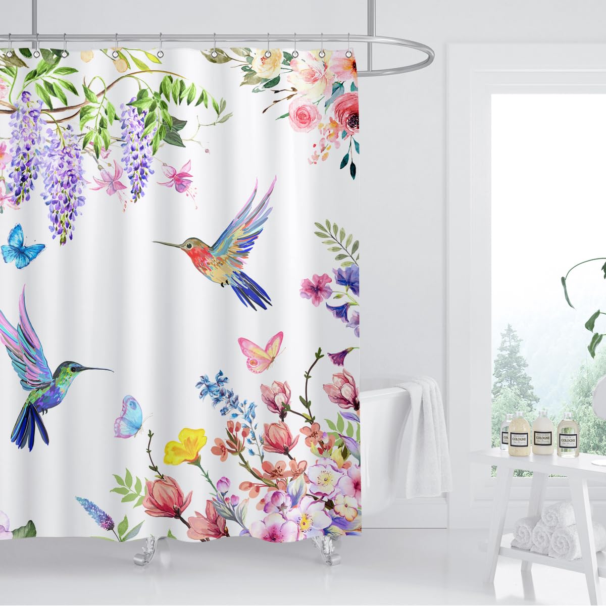 Zxmbf Watercolor Flower Hummingbird Shower Curtain Spring Bird Butterfly Floral Plant Nature Modern Home Bathroom Bathtub Decor