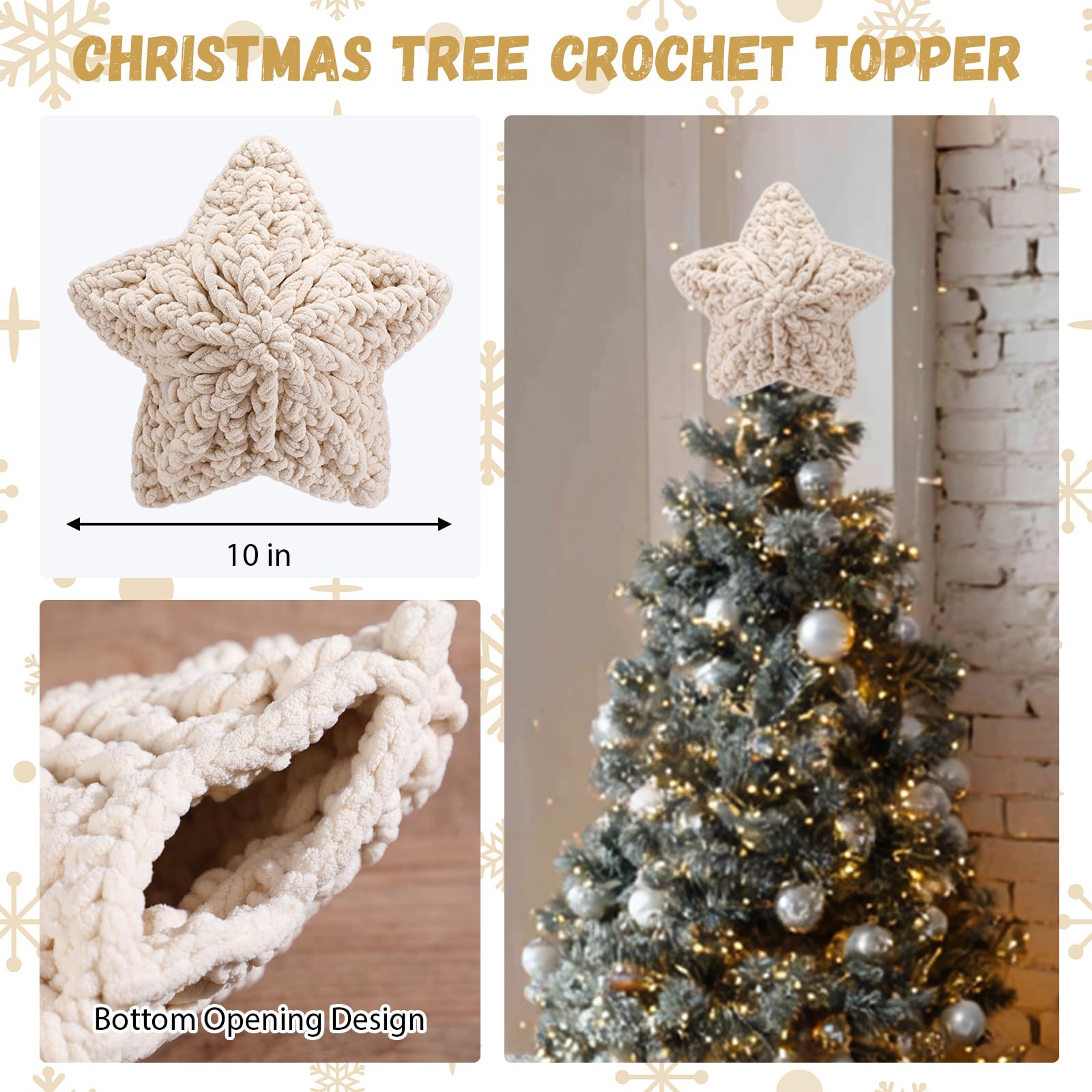 Syhood 10 Inch Star Christmas Tree Topper Crochet Chunky Yarn Star Xmas Decor for Christmas Tree Ornament Farmhouse Holiday Part