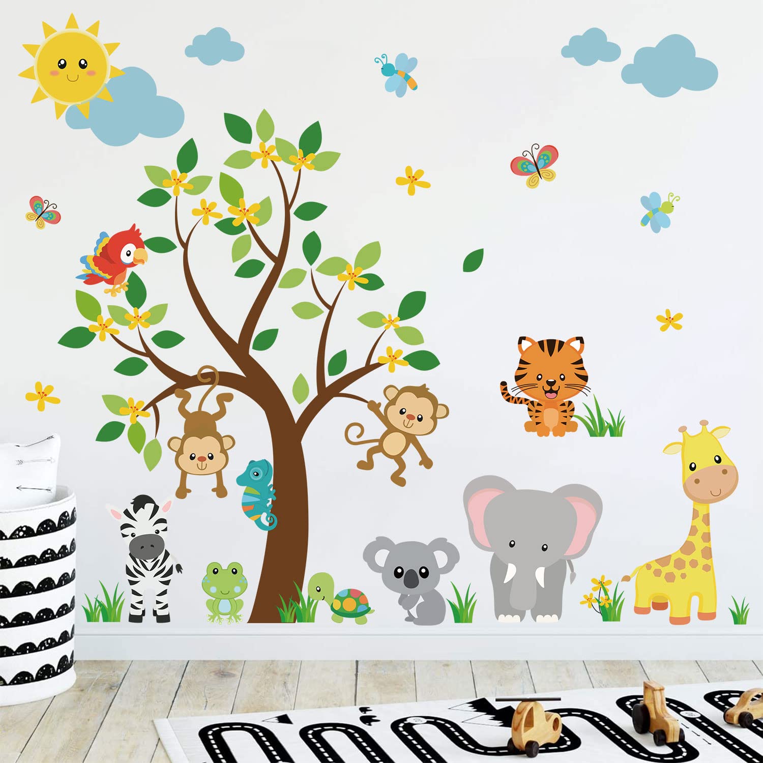 Supzone Jungle Animal Wall Stickers Monkey Tree Wall Decals Elephant Giraffe Tiger Wall Sticker For Kids Girls Boy Baby Nursery