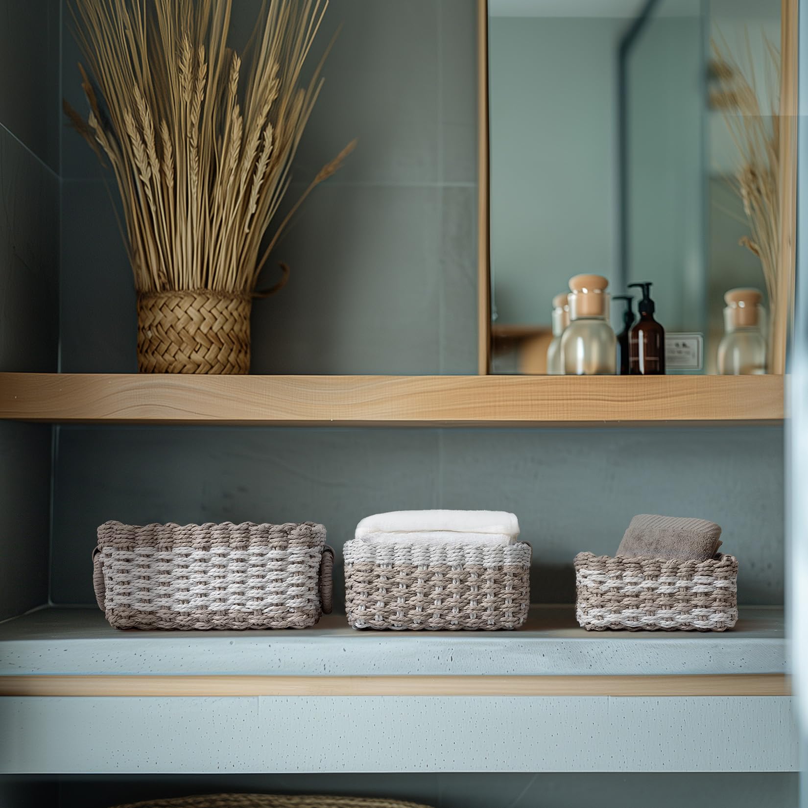 La Jolie Maison Small Light Blue And Gray Wicker Baskets Set Of 3, Paper Rope Storage Baskets With Handle, Small Woven Baskets F