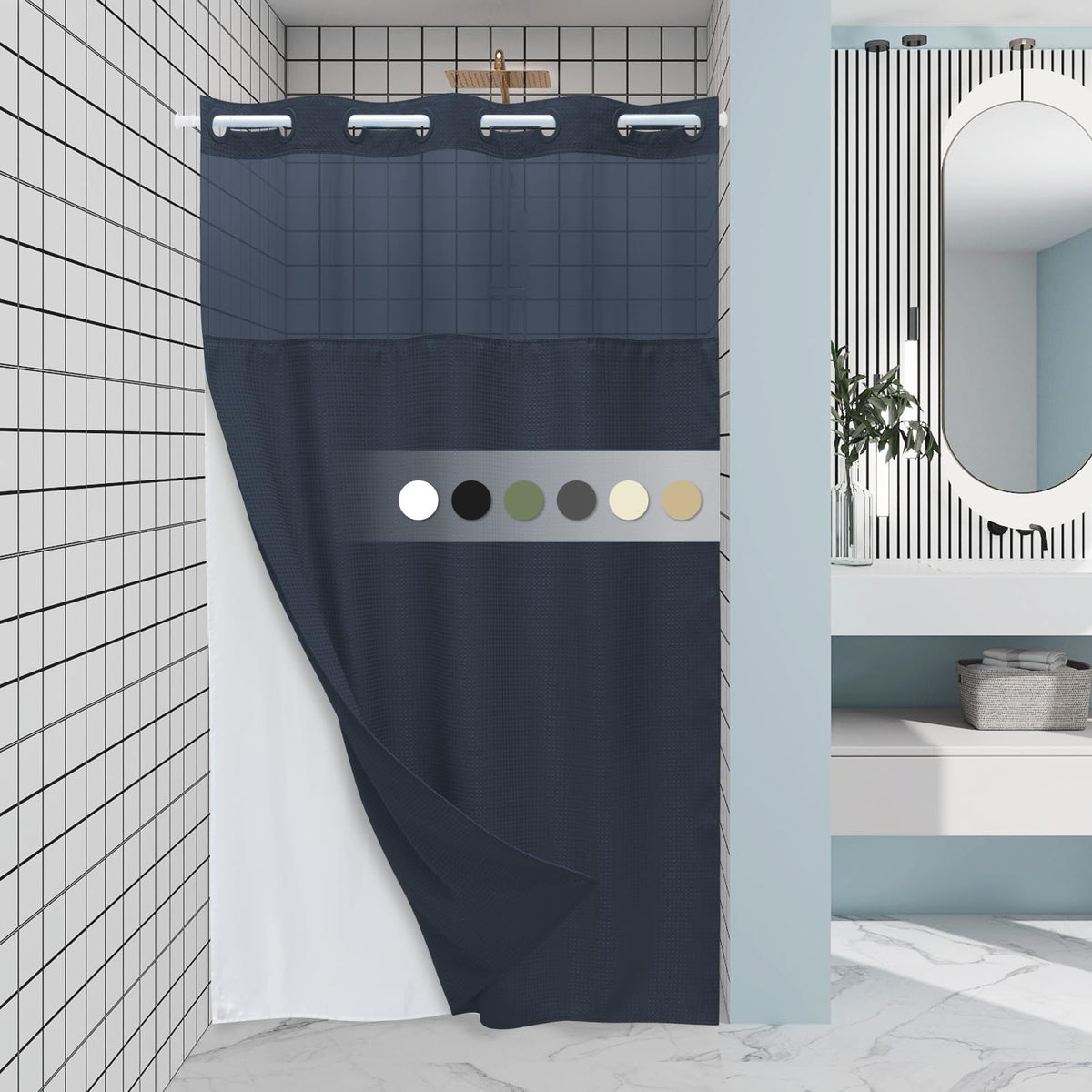 Eutxl Navy Blue Stall No Hook Shower Curtain With Snap In Liner,230Gsm Waffle Weave Shower Curtains For Bathroom,54W X 80H