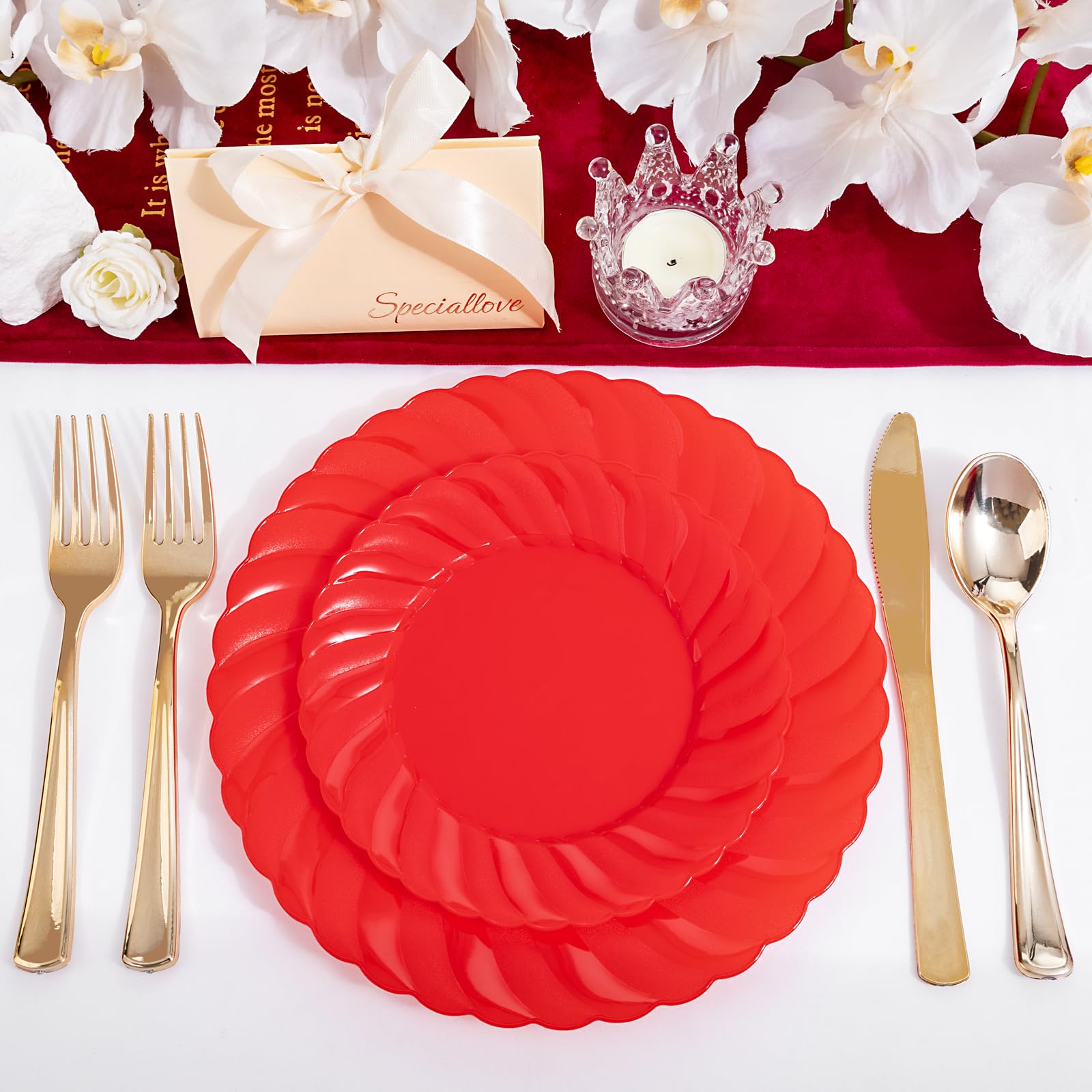 U-Qe 100Pcs Red Plastic Plates - Red Scalloped Plastic Plates For Party - Heavy Duty Red Valentines Plates Disposable Include 50