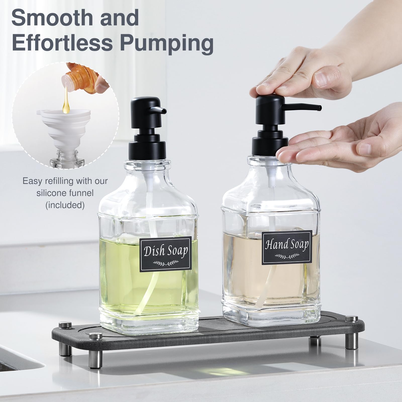 Shinowa Dish Soap Dispenser, Hand And Dish Soap Dispenser Set With Quick Dry Tray, Glass Kitchen Soap Dispenser Set With Pump&La