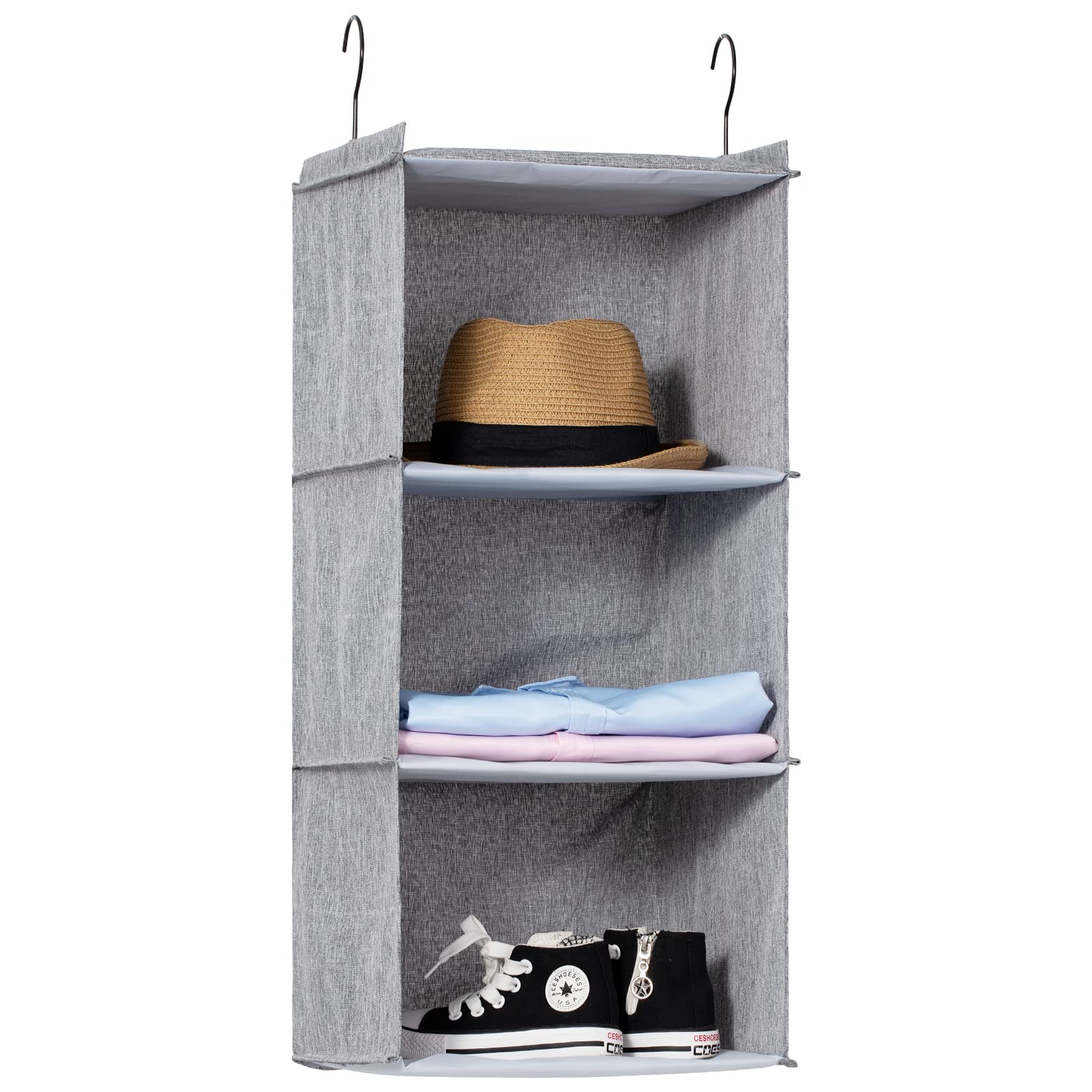 Donyeco Hanging Closet Organizer, Easy Mount Collapsible 3-Shelf Camper Closet Wardrobe Hanging Storage Shelves, Folded Clothes
