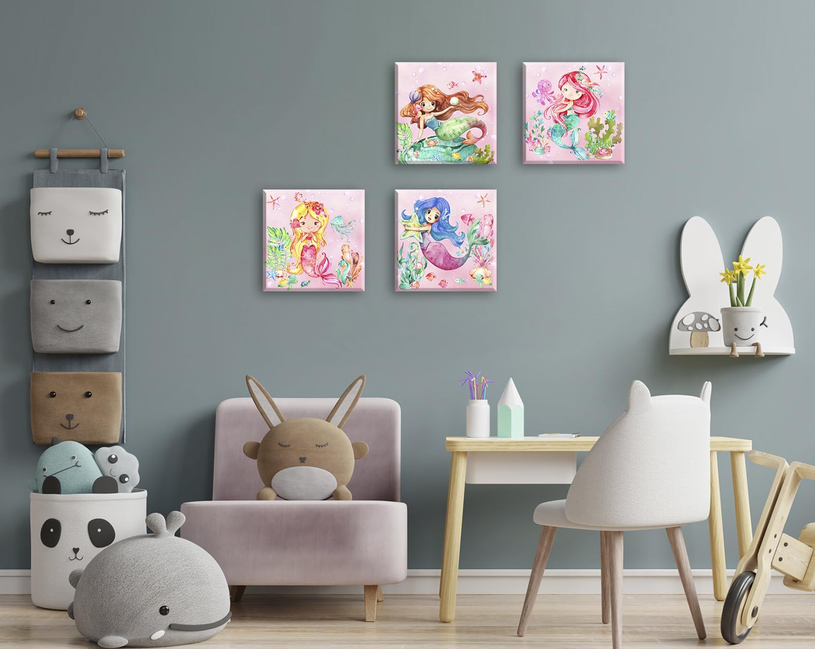 Mermaid Bathroom Decor Wall Art for Girls Bedroom Colorful Mermaid Decorations Pictures Canvas Print Modern Kids Nursery Wall Decoration Artwork Framed 12''Hx12''Wx4