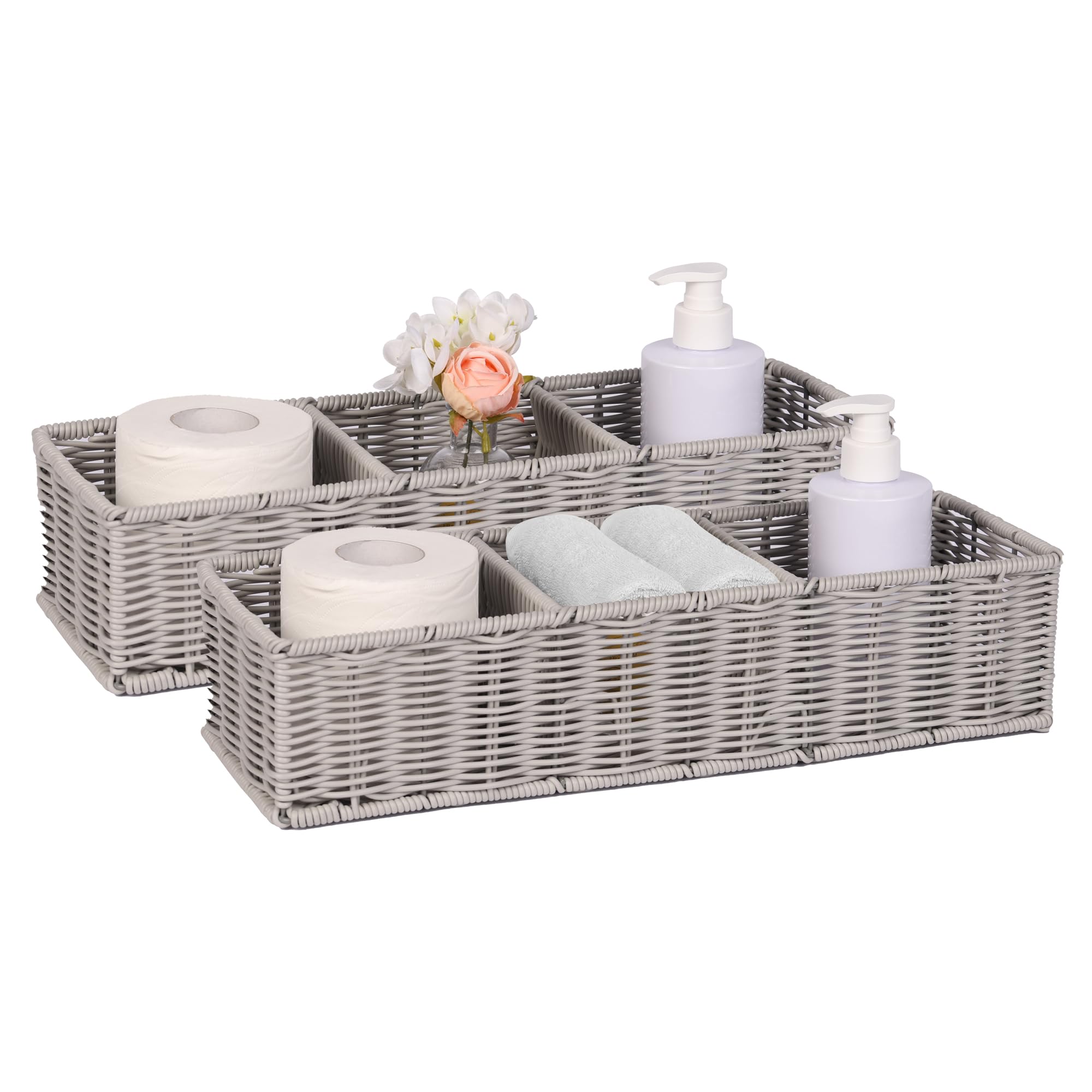 Gray 3-Section Wicker Storage Basket - Modern Minimalist Toilet Paper & Toiletries Organizer