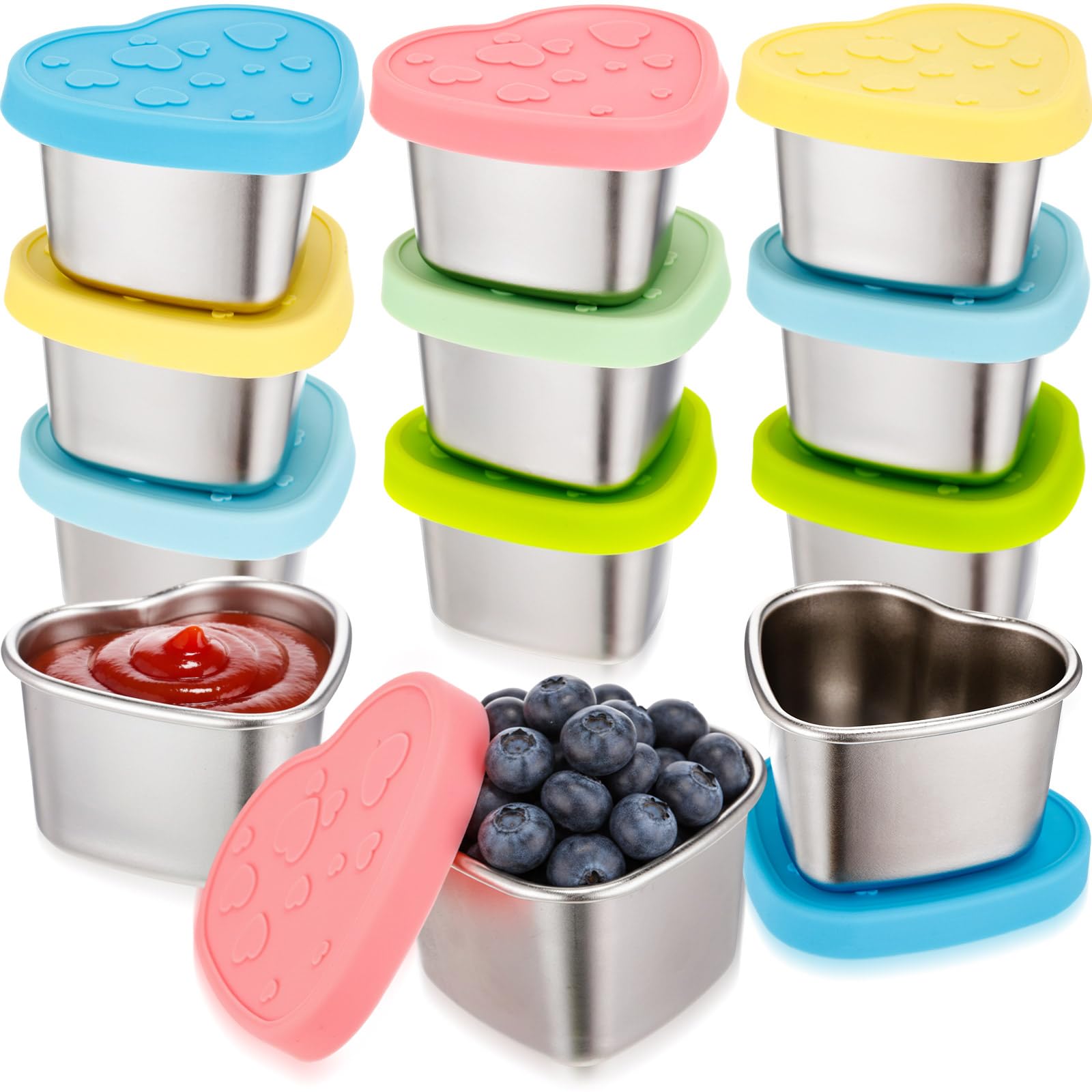 Acellegic 12 Pcs Valentines Day Heart Shaped Salad Dressing Container with Lids 2.1 oz Stainless Steel Small Condiment Containe