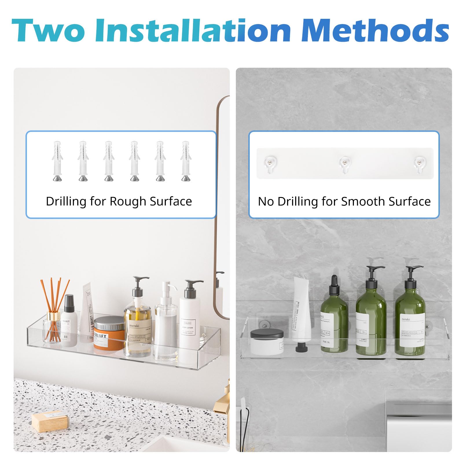 Durmmur 2Pack Acrylic Shower Shelves, Adhesive Bathroom Shower Caddy Organizer, No Drilling/Drilling Wall Floating Shelves For B