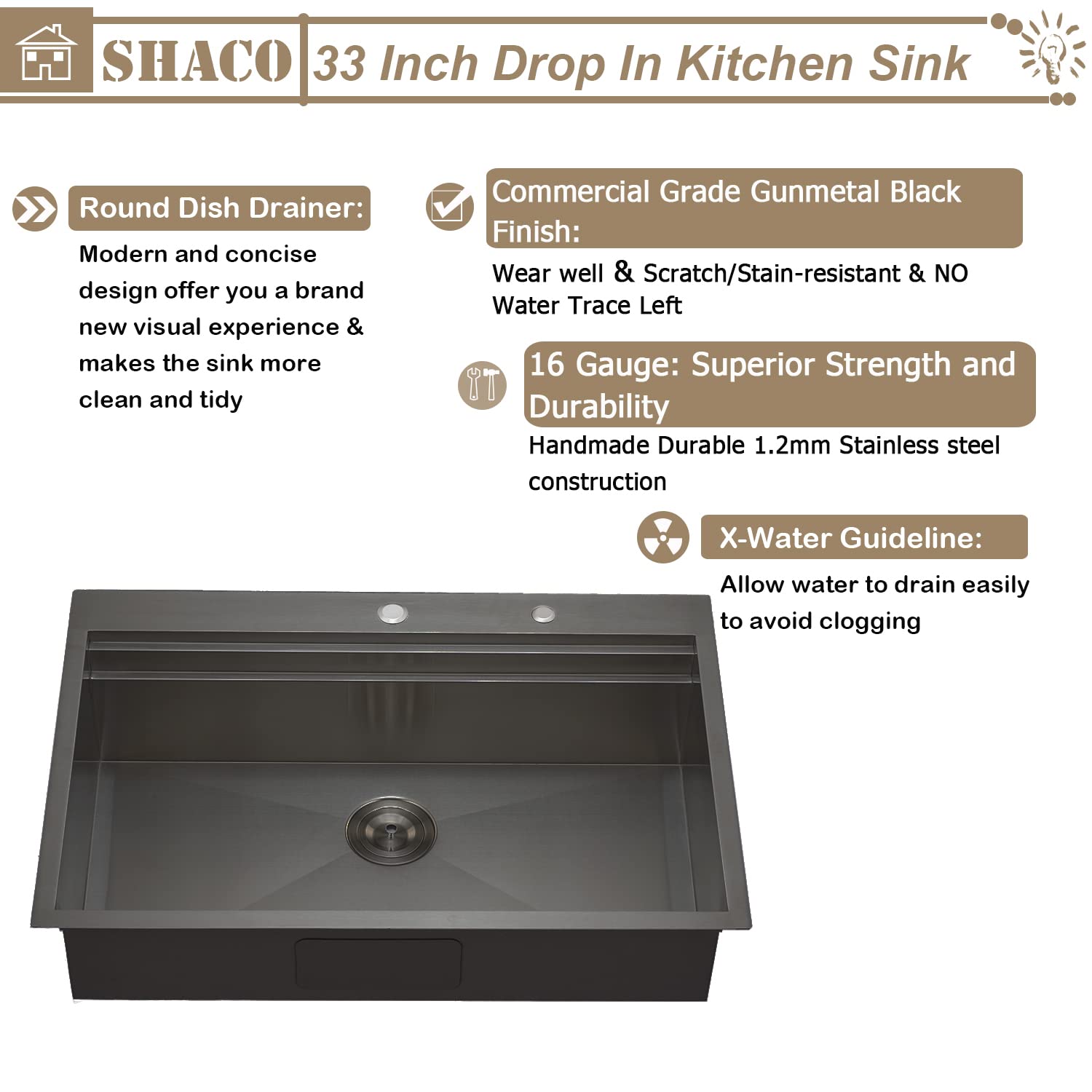 Shaco 33X22 Black Drop In Kitchen Sink, 33 Inch Gunmetal Black Stainless Steel Top Mount Kitchen Sink, Single Bowl Overmount Dou