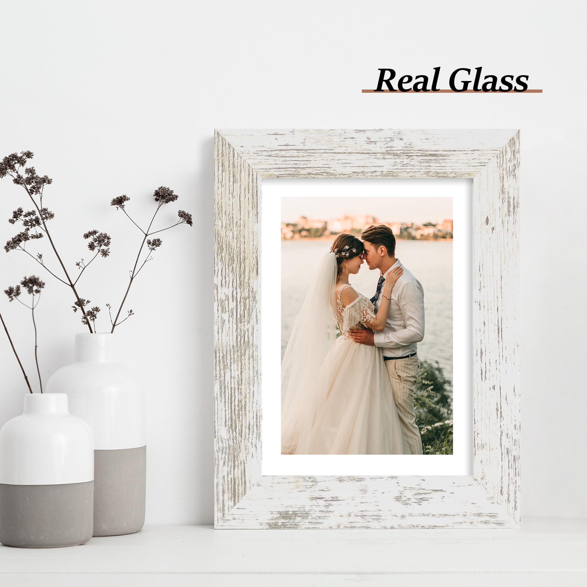iRahmen 5x7 Picture Frame Set of 2 with HD Glass, Distressed White Wood Photo Frames Display 4x6 Picture with Mat or 5 x 7 Witho