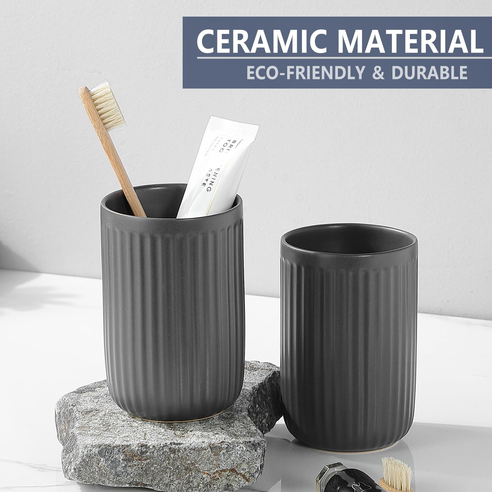 BSDISP Grey Ceramic Toothbrush Holders Set - 2pcs Bathroom Tumbler Cups for Toothpaste, Reusable Counter Organizer