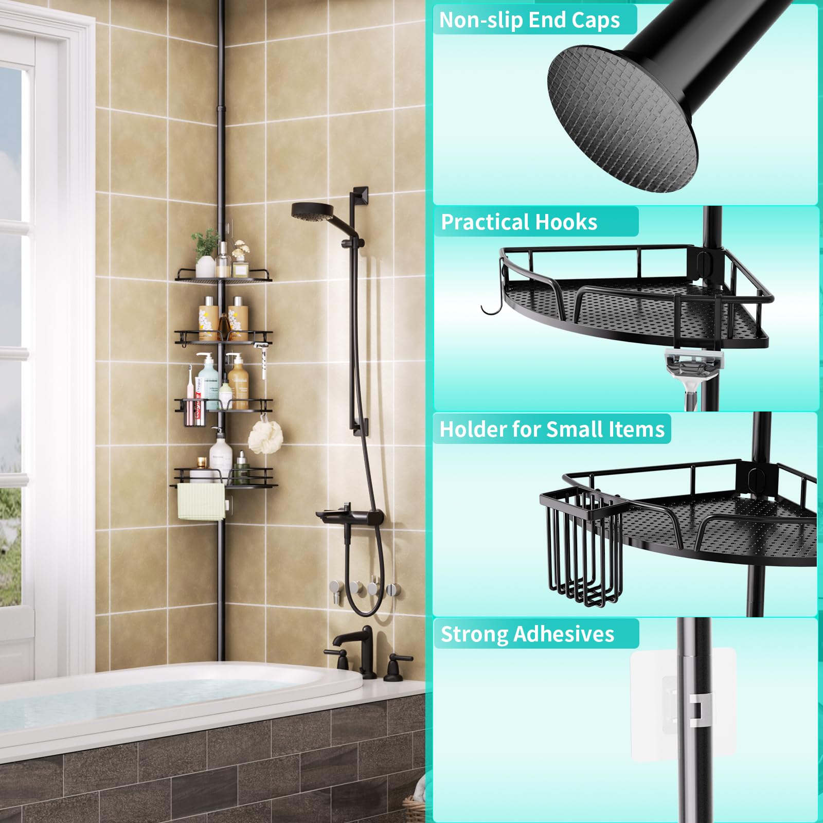 Hapirm Corner Shower Caddy Organizer - Rustproof Shower Organizer Corner With Toothbrush Holder And Hooks, Bathroom Shelf Tensio