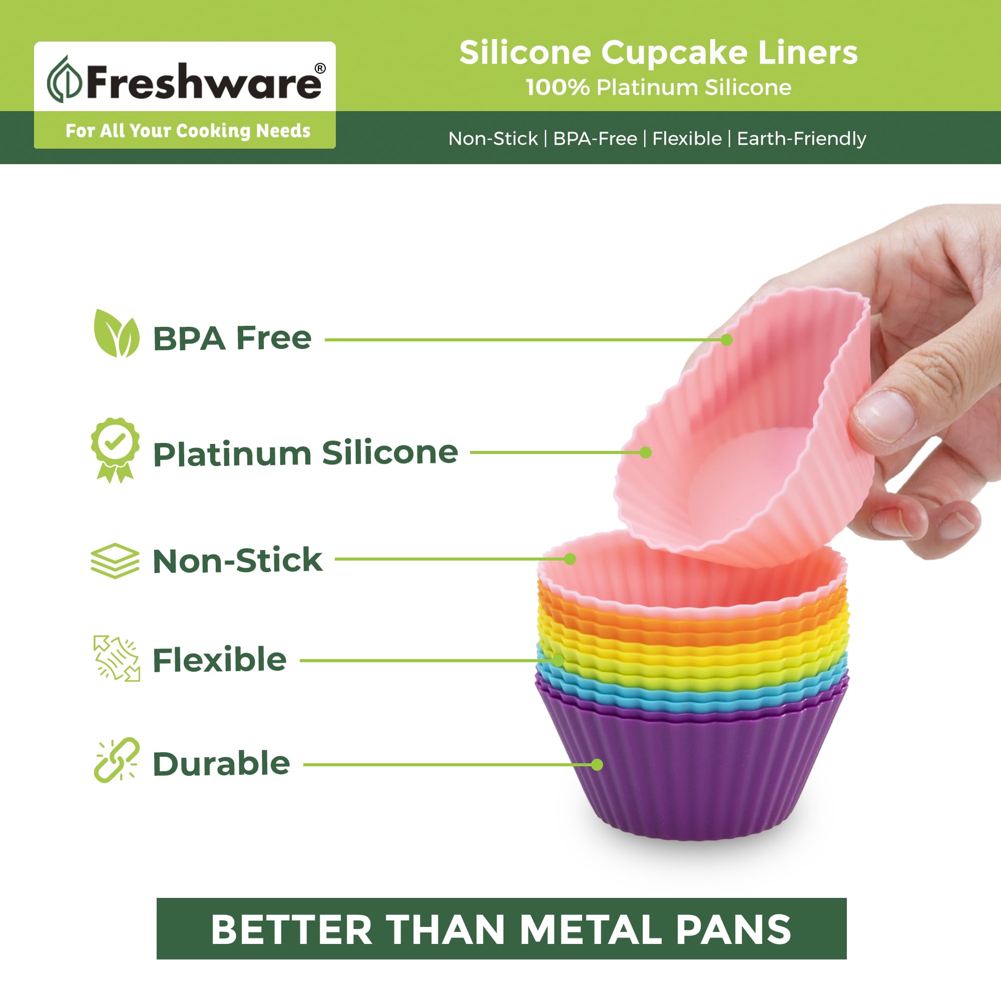 Freshware Silicone Baking Cups [12-Pack] Reusable Cupcake Liners Non-Stick Muffin Cups Cake Molds Cupcake Holder In 6 Rainbow Co