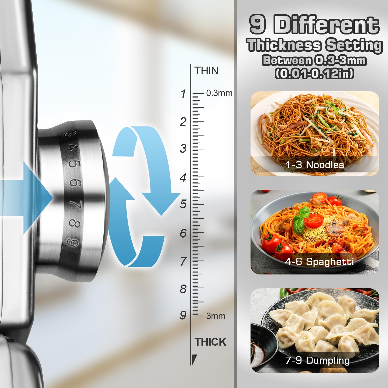 Sailnovo Pasta Maker Machine, 180 Roller, 9 Thickness Settings, 9.4x11.8x7 inches, Aluminum, Silver, Model Machine1