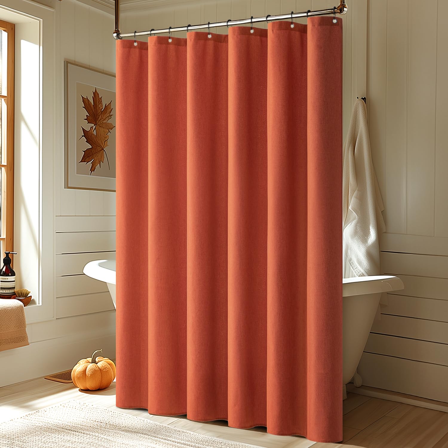 Miulee Burnt Orange Linen Shower Curtain With 12 Metal Hooks Modern Heavy Duty Washable Fabric Shower Curtain Set Waterproof Thi