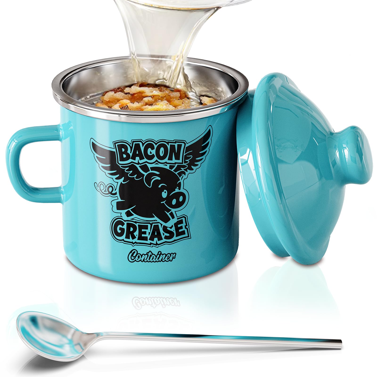 PGYARD Mini Bacon Grease Container With Strainer, 15OZ Enamel Grease Saver