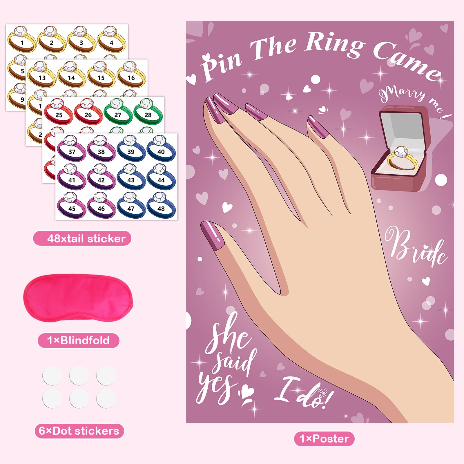 Hxezoc Pin The Ring On The Bride Game With 48 Pcs Rings, Large Bridal Party Games Poster For Bachelorette Party, Bridal Shower,