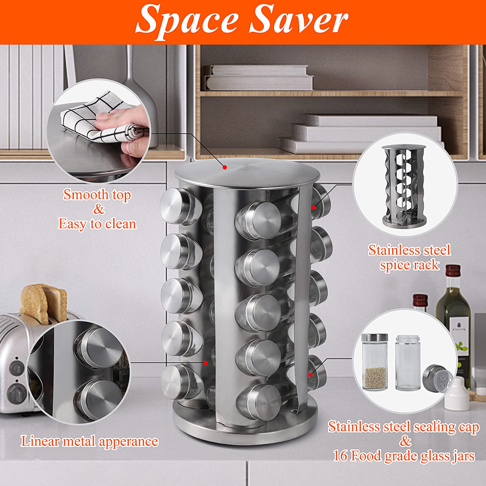 DOUBLE 2 C Revolving Spice Rack with 20 Jars, Rotating Spice Rack Organizer, Seasoning Organizer with Labels, Stainless Steel Sp