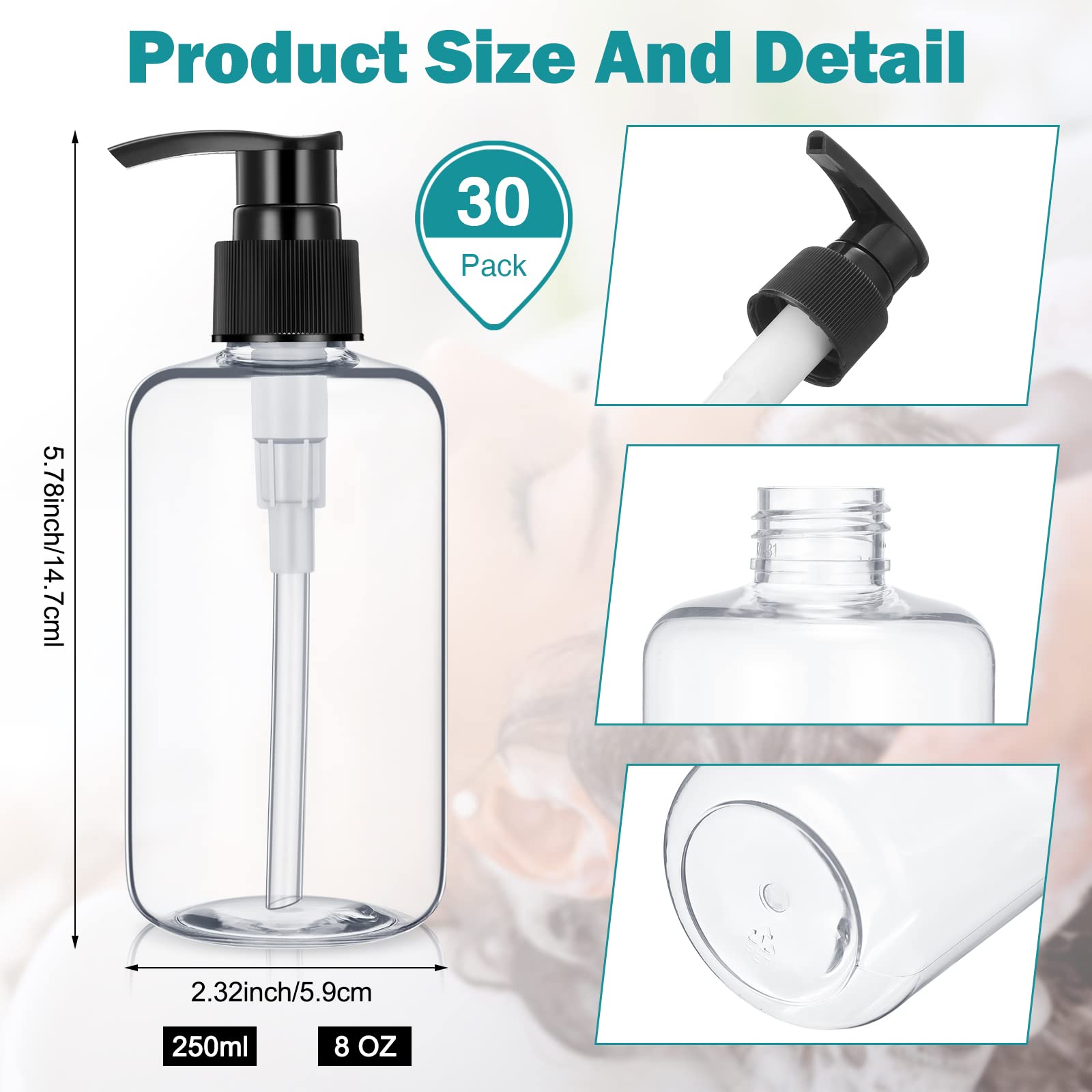 30 Pack 8 Oz Clear Empty Lotion Bottles Plastic Pump Bottles Hand Dish Dispenser Round Bottles Containers Refillable Container B