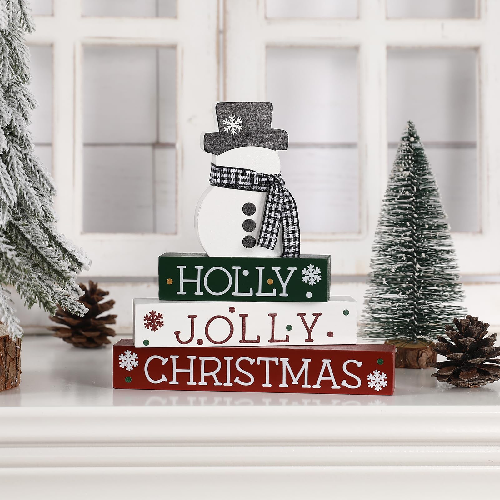 Christmas Decorations-4 PCS Wooden Block Sign-Classic Red White Green Christmas Ornaments for Home Shelf Mantel Fireplace Table