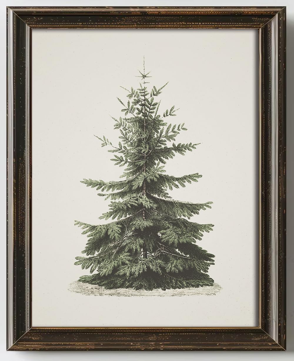 Kizbook Christmas Wall Art Print, Vintage Christmas Pine Tree Art Prints Painting, Rustic Fir Botanical Sketch Christmas Winter