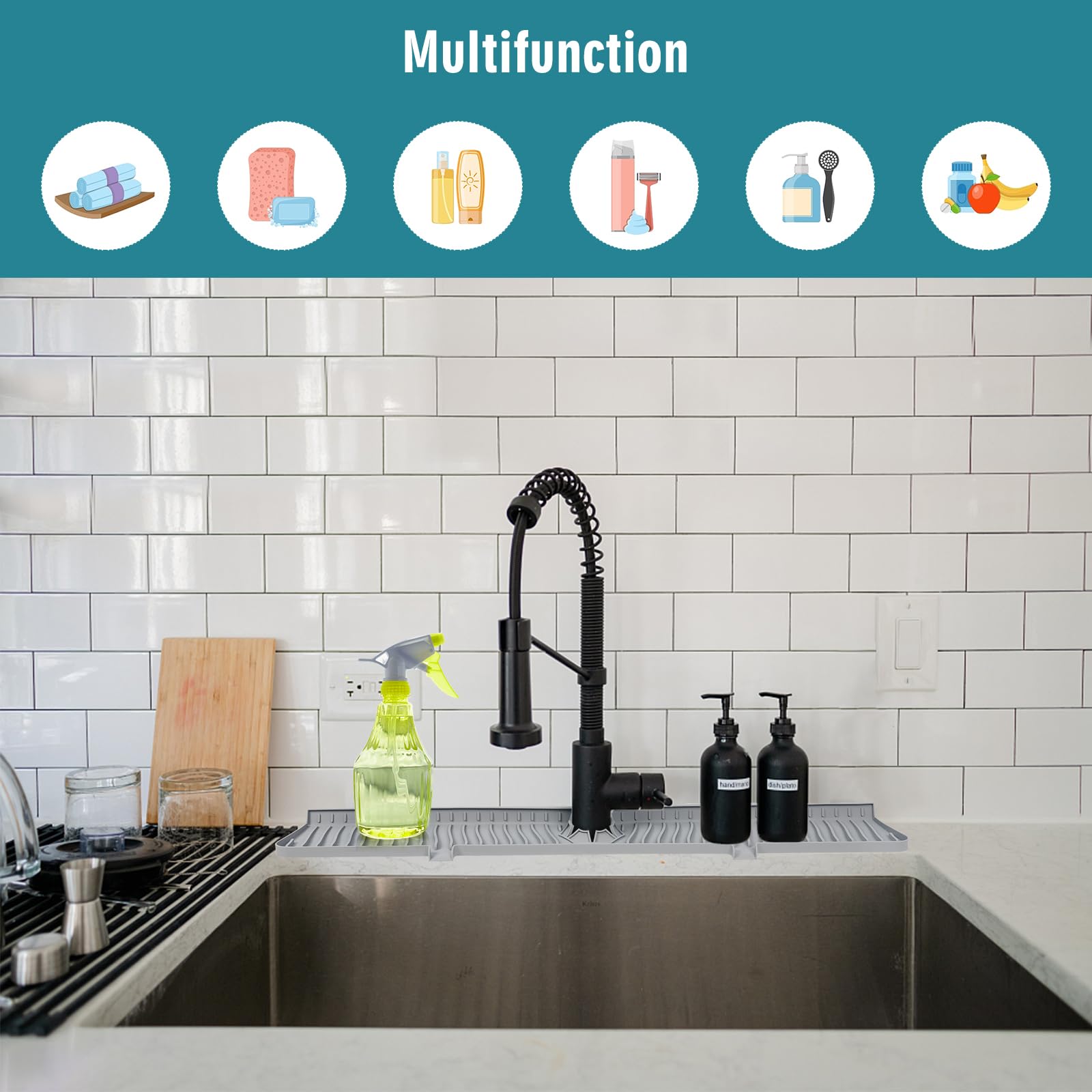 30 Inch Kitchen Sink Splash Guard, Faucet Splash Guard, Kitchen Faucet Mat, Longer Silicone Sink Mat For Kitchen Counter, Bathro