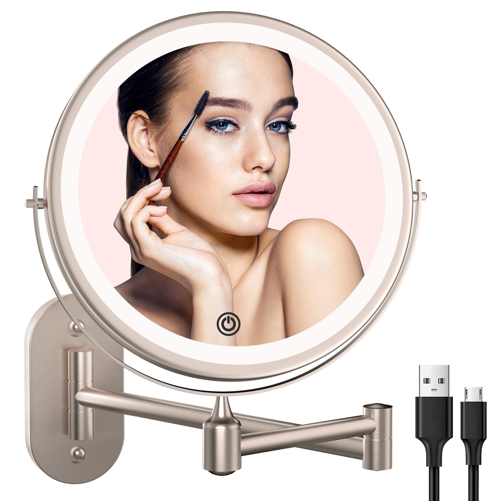 Rechargeable Wall Mounted Lighted Makeup Vanity Mirror 8 Inch 1X/10X Magnifying Mirror With 3 Color Lights, Double Sided Bathroo