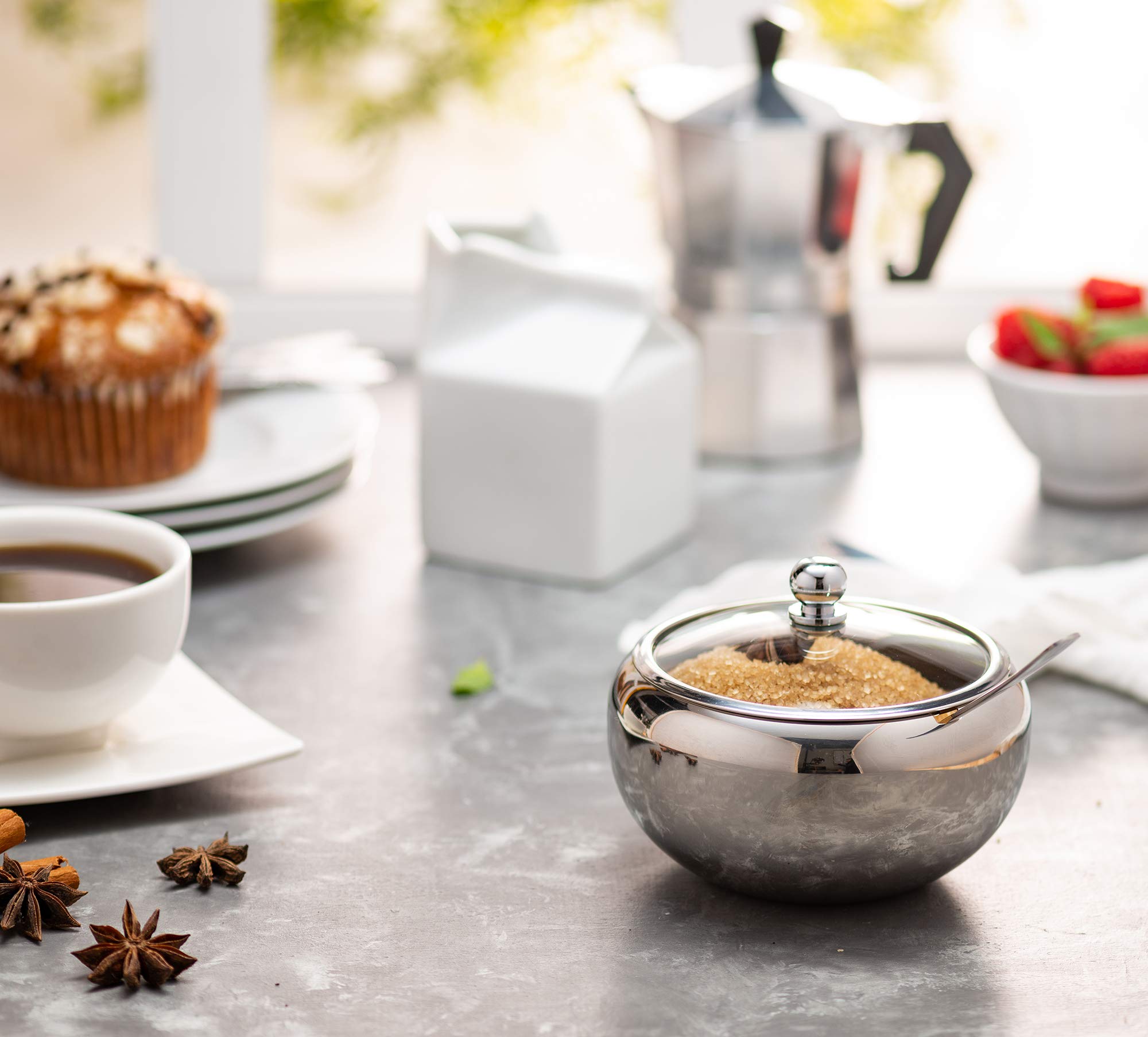 Kook Sugar Bowl, Sugar Bowl With Lid And Spoon, Sugar Container With Lid, For Salt, Coffee, Holds 2 Cups, Dishwasher Safe, Stain