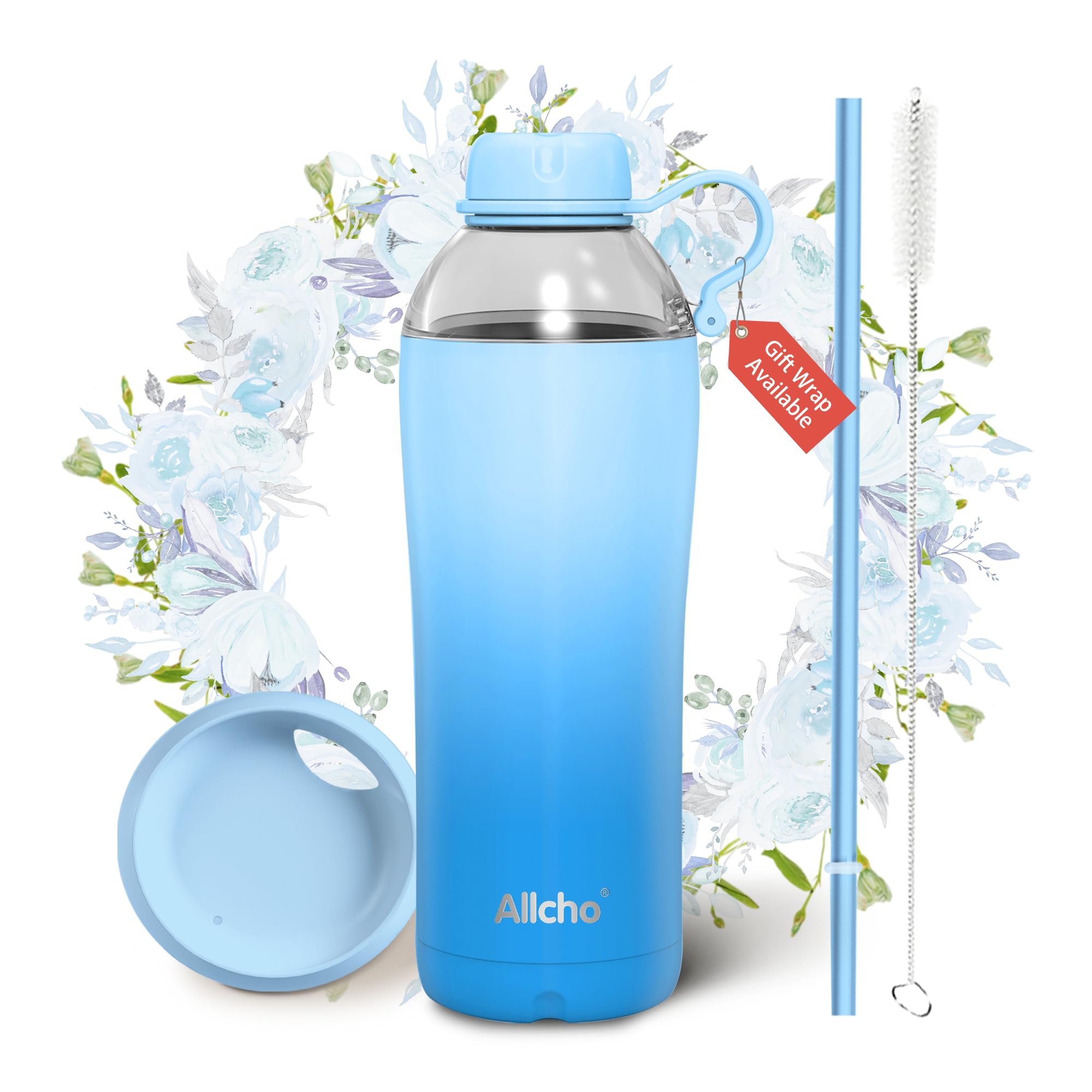 Allcho Insulated Water Bottle for Women, 18 oz Stainless Steel Water Bottles, Double Walled, 2 Lids (Chug & Tumbler) - Hydrate &