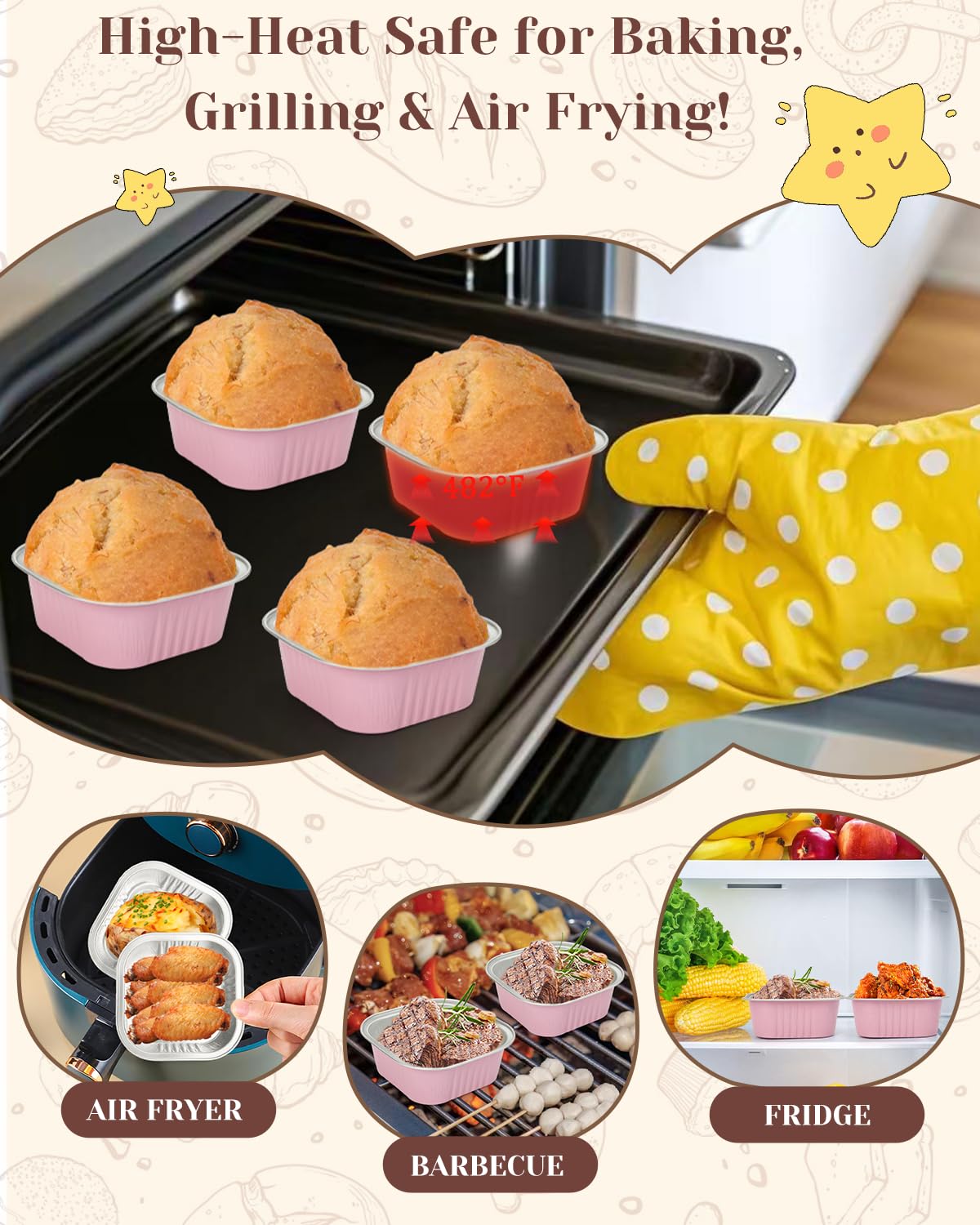 YQER 60 Pack 10oz Mini Cake Pans with Lids, Spoons, Stickers - Disposable Square Brownie Baking Cups - Individual Small Aluminum
