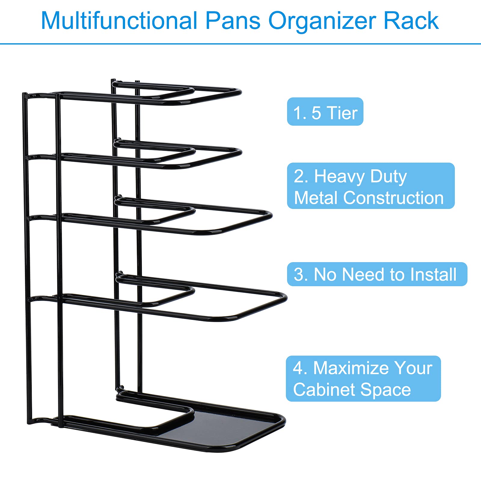 Toplife 5-Tier Heavy Duty Pan Organizer Rack - Sturdy Alloy Steel, 10.5" x 7.5" x 15.6", Black - No Assembly Required