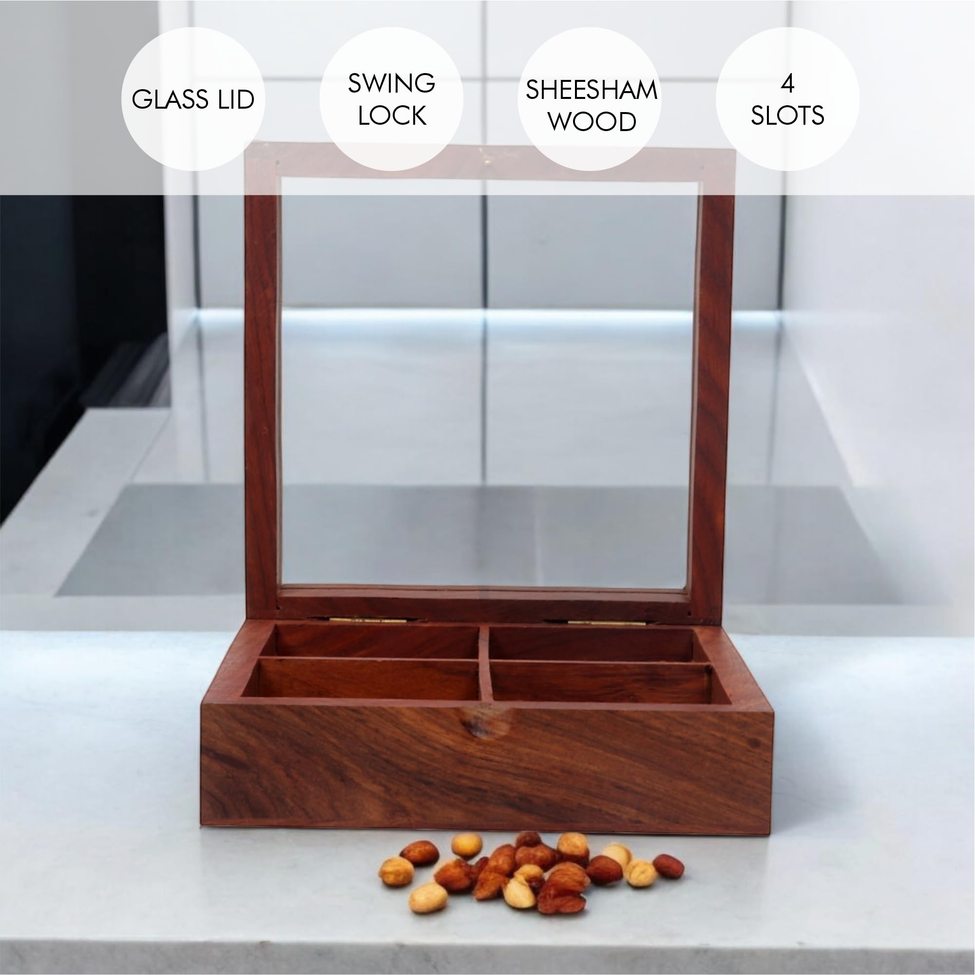 Wooden Spice Box With 4 Partitions & Spoon, Mukhwas For Refereshment, Spice Container For Kitchen, Masala Dabba, Namakdani For K