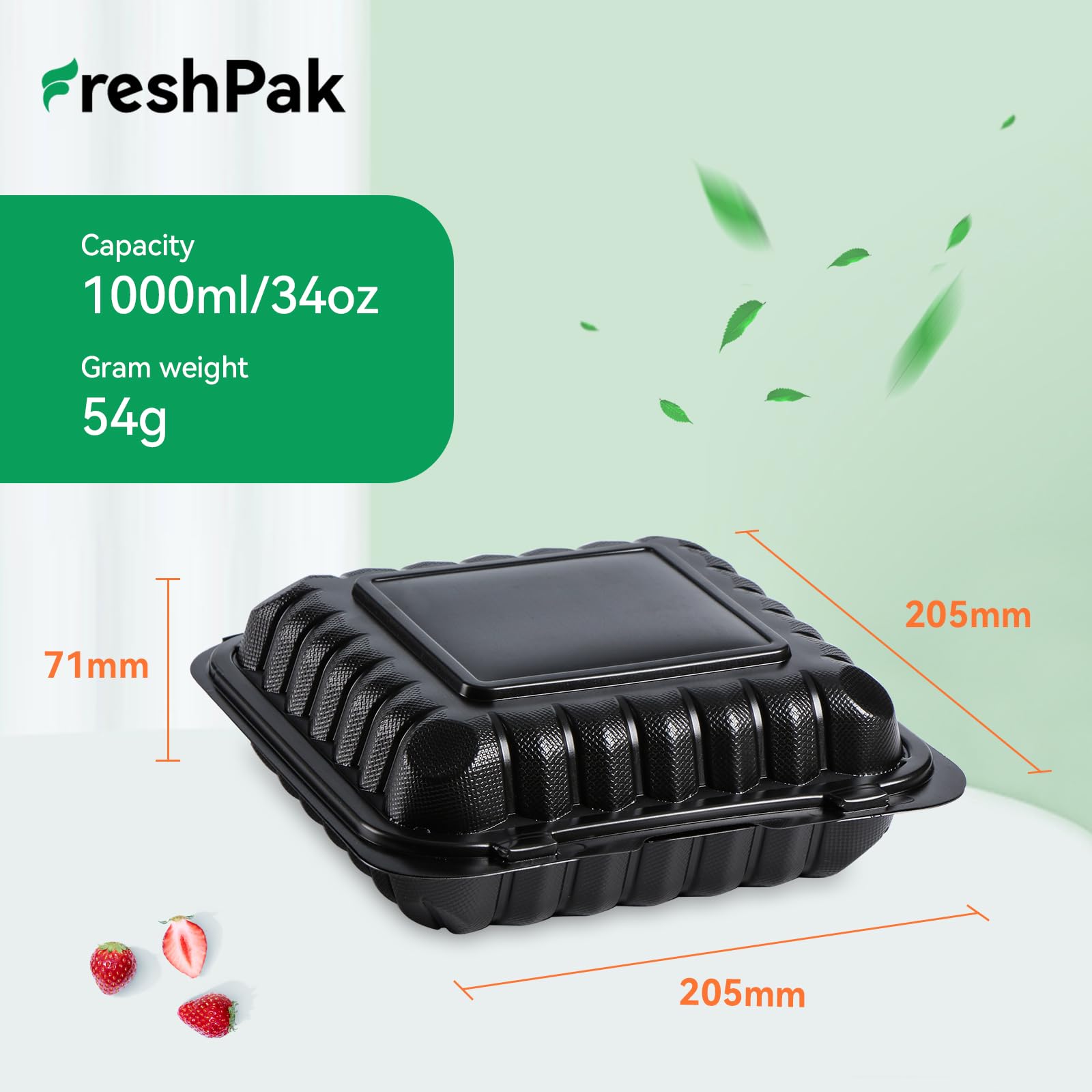Freshpak To Go Containers, 34 Oz Plastic Black Clamshell Food Containers For Lunch 55 Pack Reusable Bpa-Free Heavy-Duty Mfpp Dis