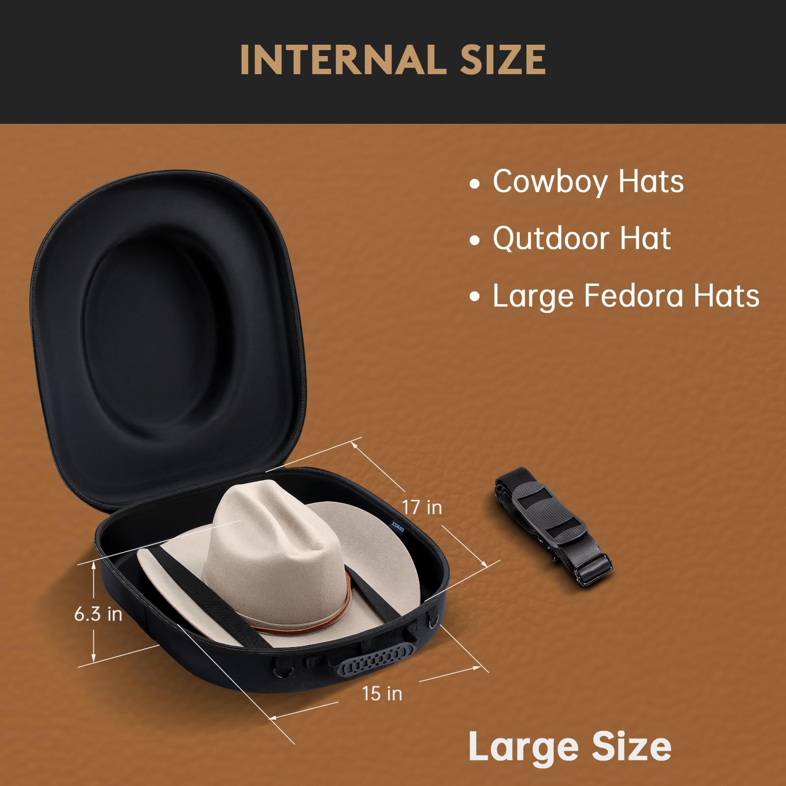 Ozueccr Travel Hat Carrier Case - Crush Proof For Cowboy, Panama & Tweed Hats - Carrying Handle, Shoulder & Luggage Straps - Lar
