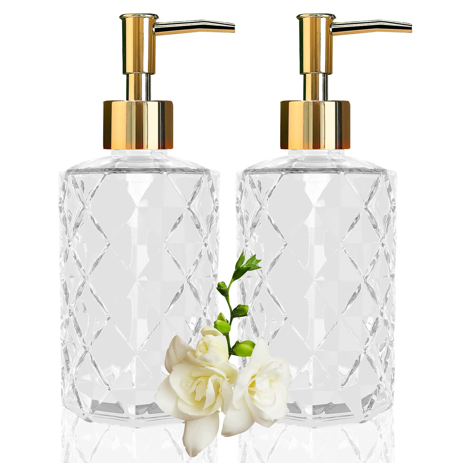 Clear Glass Soap Dispenser With Gold Plastic Pump, 2 Pack 12Oz Diamond Hand Soap Dispenser, Refillable Lotion Dispenser & Dish S