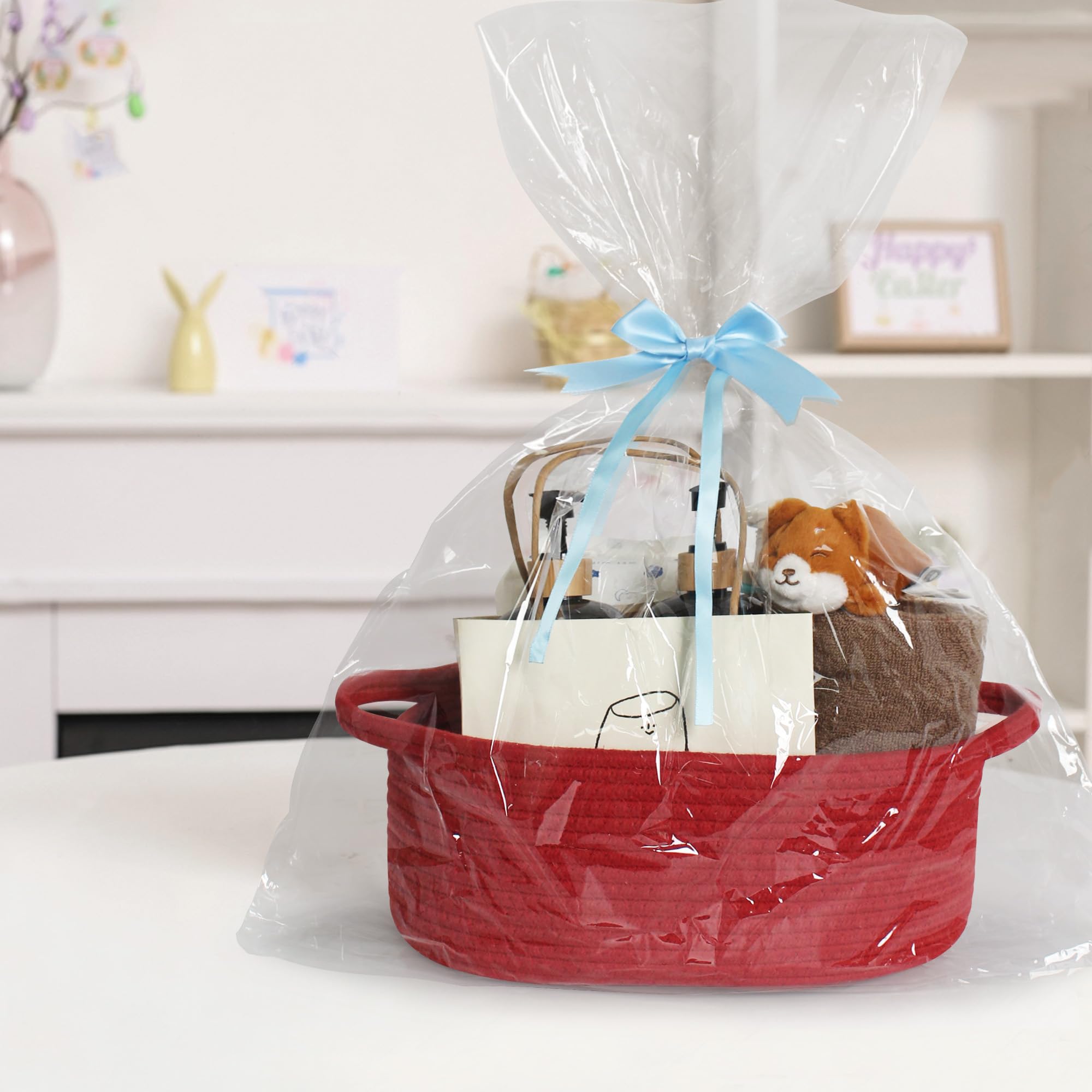 MEGASKET Red Woven Basket, 13 x 9 x 5 Baskets for Gifts Empty, Cute Cotton Rope Cat Dog Toy Bin Box, Small Woven Bin for Organiz
