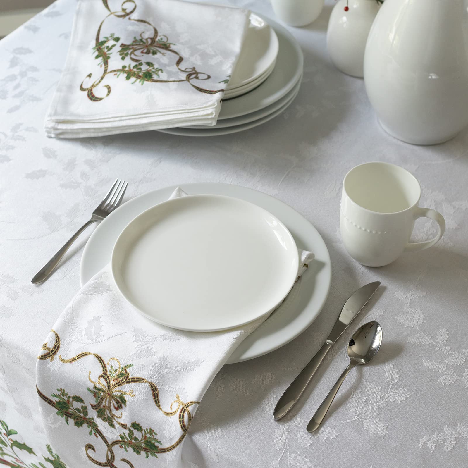 Benson Mills Merry Ribbons Engineered Printed Jacquard Fabric Christmas Table Cloth  Elegant Christmas Tablecloth for All Holiday and Winter (60'' x 84'' Rectangular)