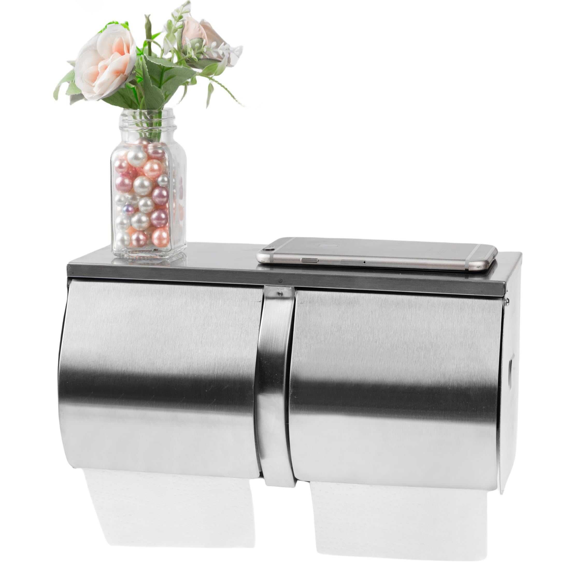 Desyeryamimi Double Roll Toilet Paper Holder Dispenser With Shelf Storage-Commercial 2-Roll Side By Side Stainless Steel Toilet