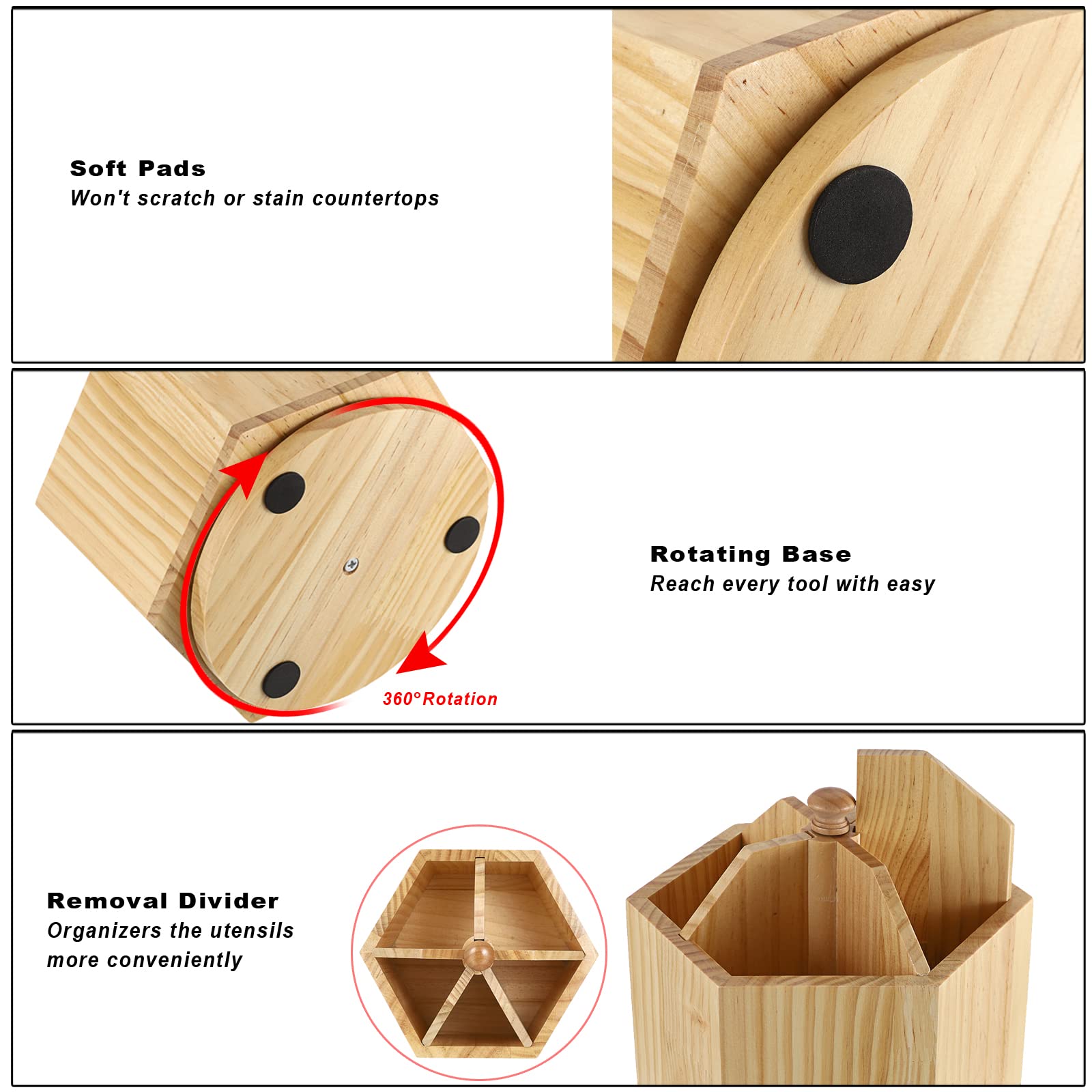 Juxyes Rotating Utensil Holder For Kitchen Countertop, Wood Utensil Organizer With Removable Divider, Rotatable Flatware Caddy C
