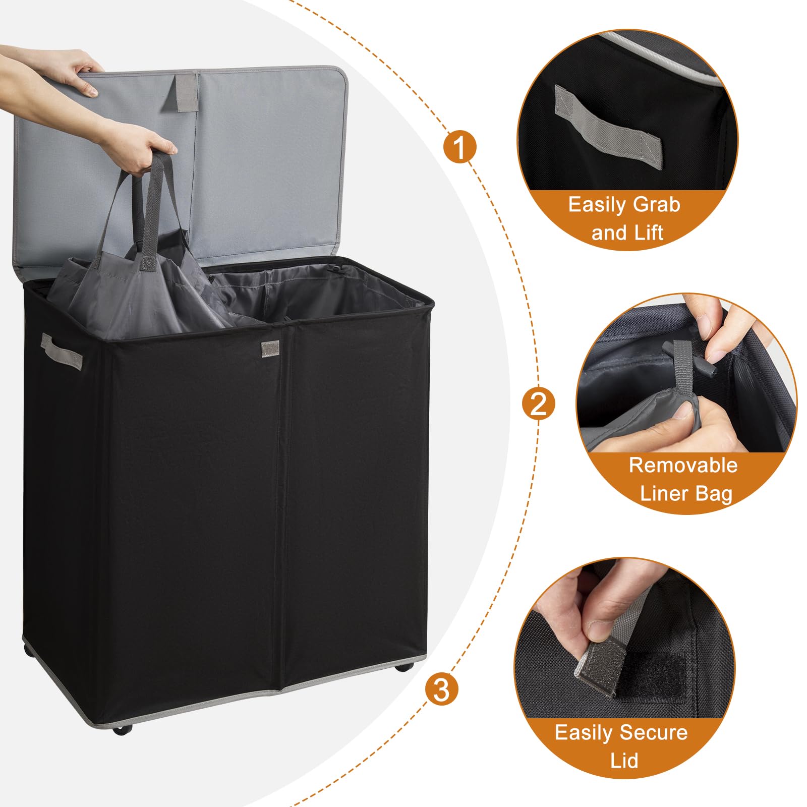 Chrislley Double Laundry Hamper With Wheels 160L Large Laundry Basket With Lid,Rolling Dirty Clothes Hamper 2 Section With Remov