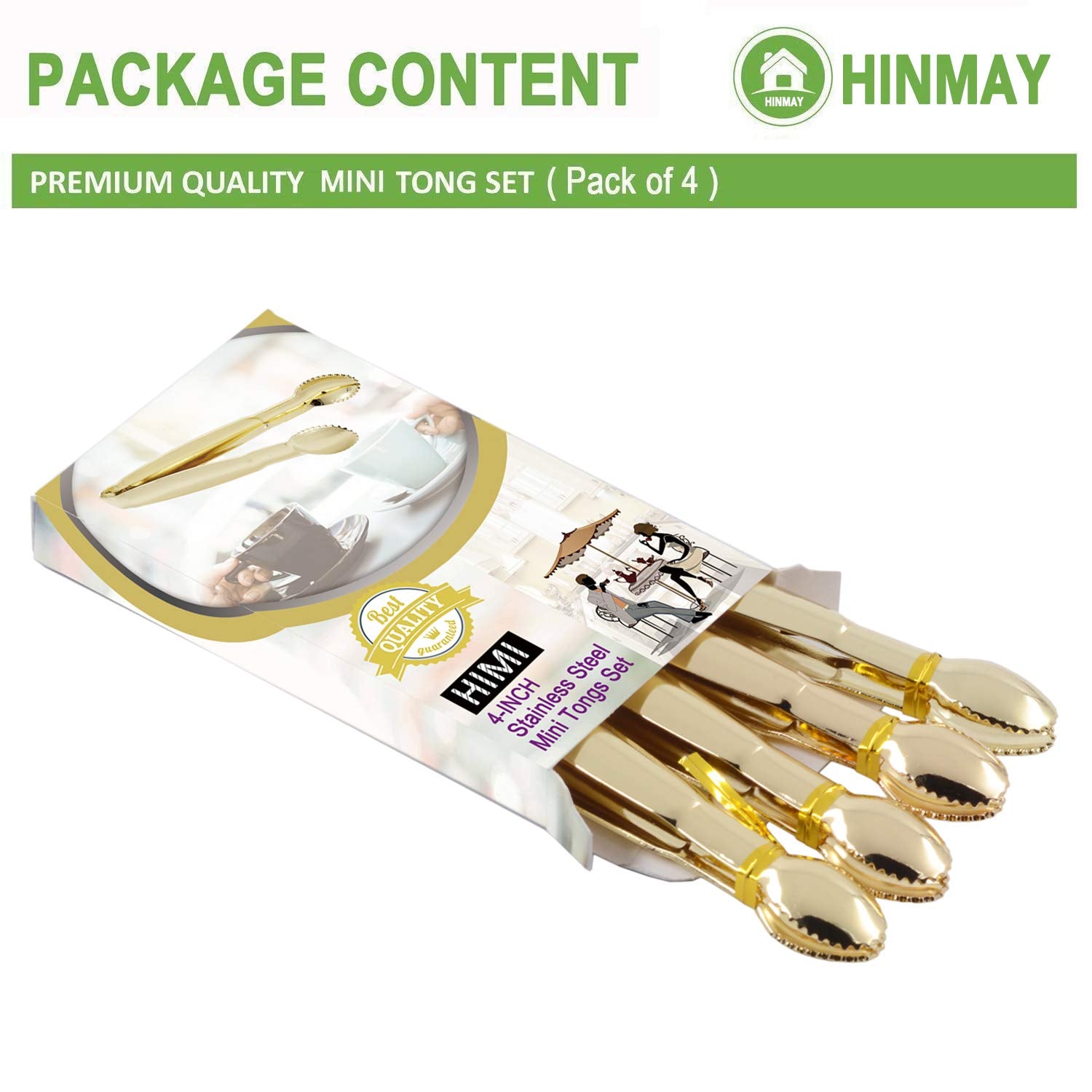 HINMAY Mini Serving Tongs Set of 4 - 4-Inch Stainless Steel Sugar Cube Tongs, Gold Finish