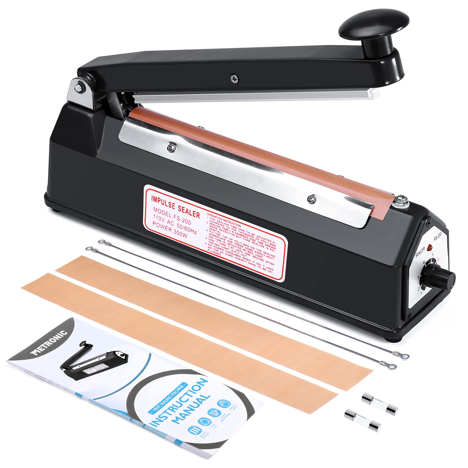 Metronic 8 Inch Bag Sealer, Black Impulse Heat Sealer For Plastic Bags, Poly Bag Sealing Machine With Repair Kit. Clean, Crisp A