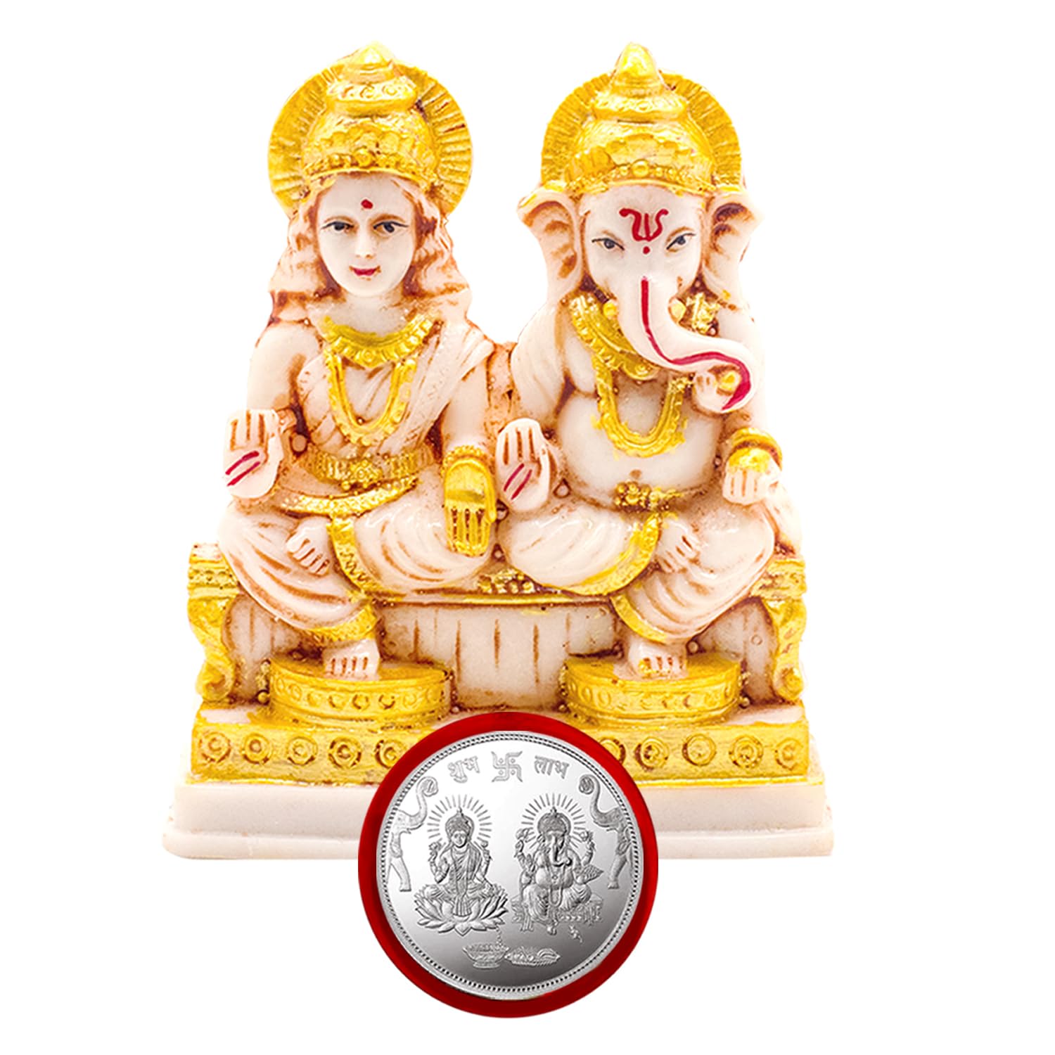 Kitlyn Lakshmi Ganesh Statue, Mata Lakshmi With Ganesh Silver Pooja Coin, Diwali Pooja Decorative Showpiece - 12 Cm - Religious 