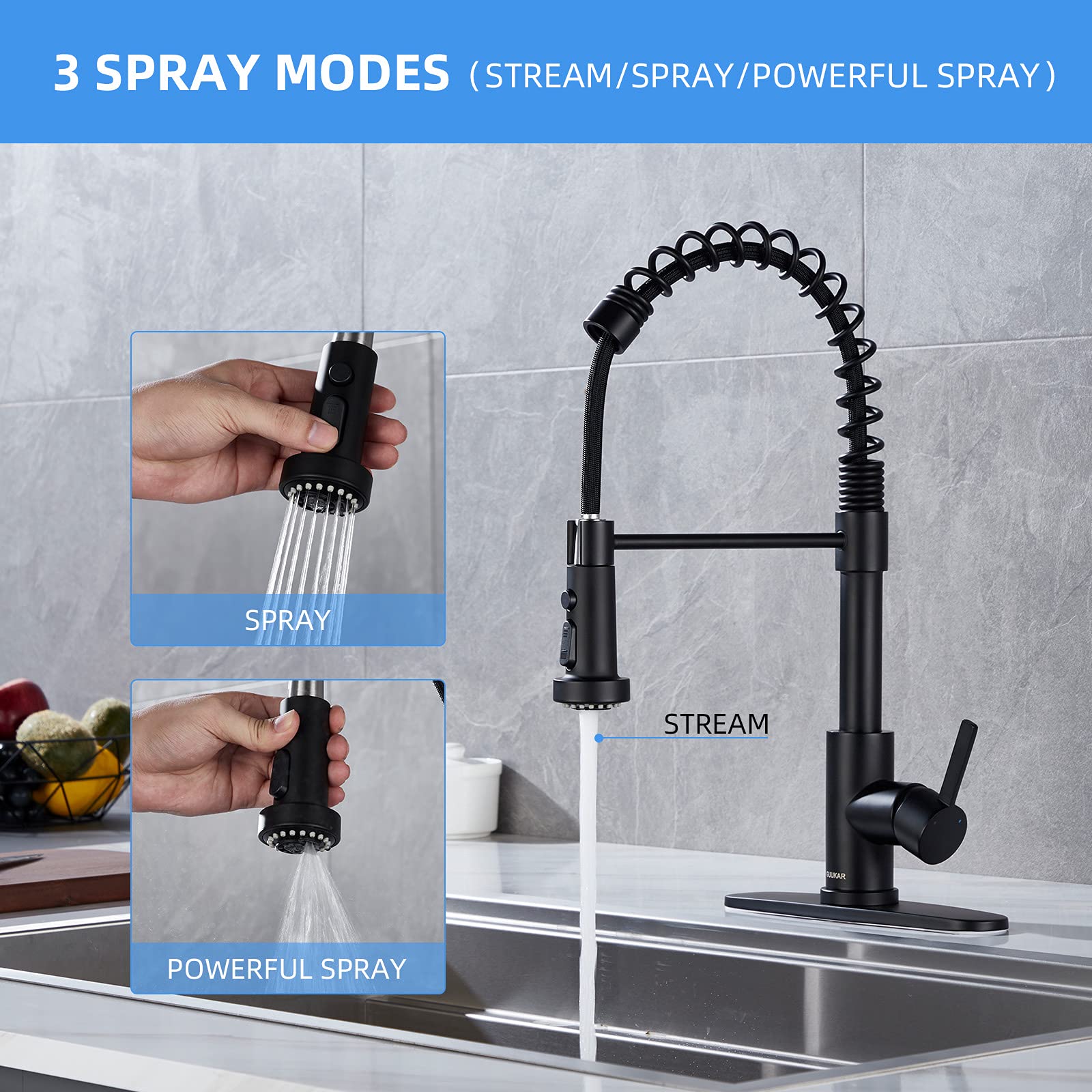 Faucet for Kitchen Sink  Black Kitchen Faucet with Pull Down Sprayer  GUUKAR Modern Commercial Spring Pull-Out Kitchen Sink Faucet