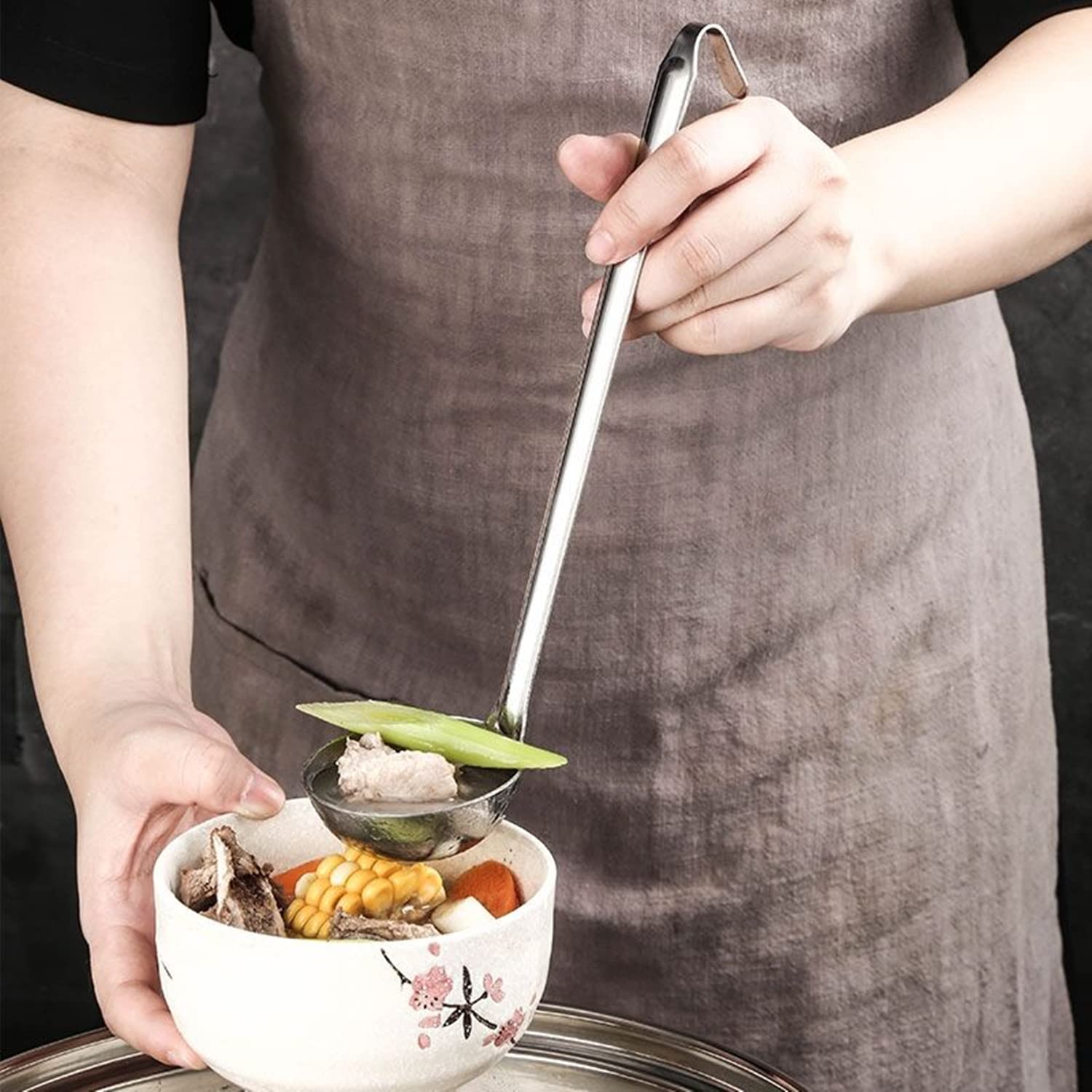 5Pcs Soup Ladle And Ladle Spoon,Odowalker Stainless Steel Hooked Handle Ladle With Pouring Rim For Kitchen Cooking Soup Sauce (1