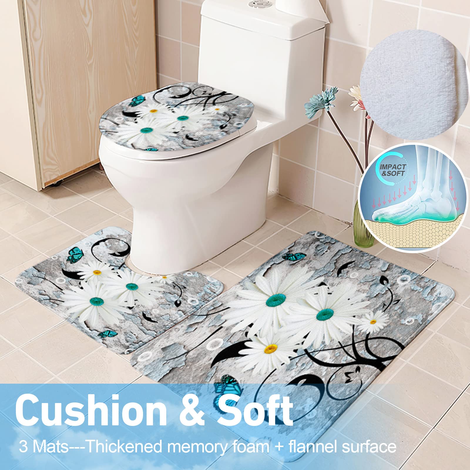 ENYORSEL 4 Piece Bathroom Shower Curtain Set with Rug  Chrysanthemum Bathroom Sets with Premium Shower Curtain and Non-Slip Bath Rugs  U-Shaped Floor Mat and Toilet Lid Oval Mat for Bathroom Decor